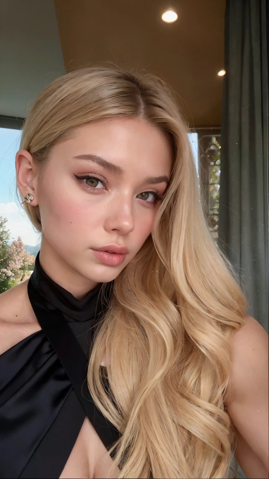 piercing eyes, looking straight, a 20 year old cute GigiHadid, very happy, wearing an sexy black dress,cleavage, choker, closeup portrait, in a room, afternoon light,<lora:epiNoiseoffset_v2Pynoise:1>