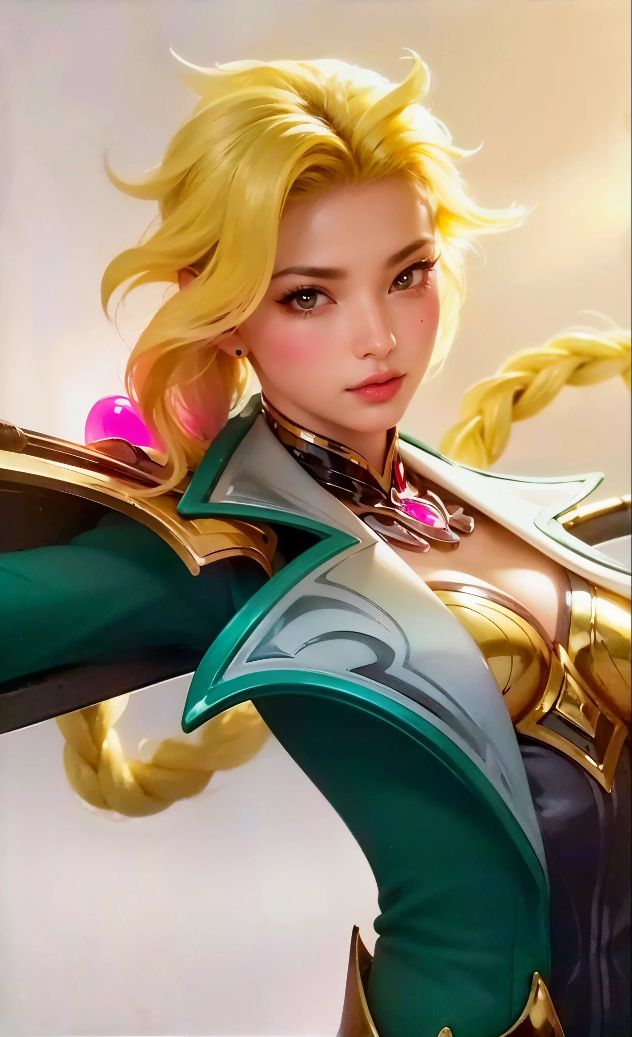(Banana Girl:1.3),   violet eyes, blonde woman, hairlong, braided ponytail, pointed ears, mouth open. full-length photo.