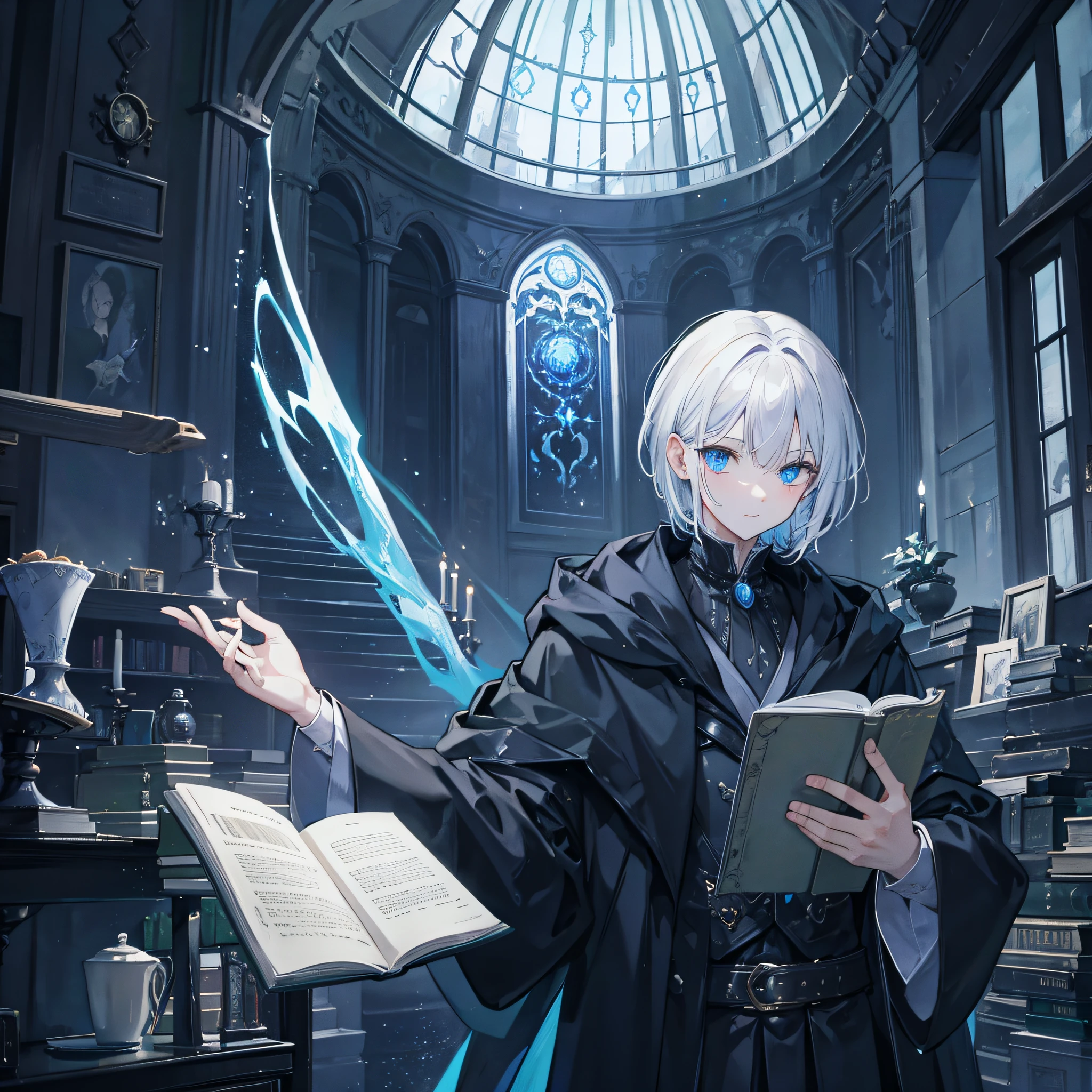 {[{{"Magnificent dark atmosphere, Being in the wizarding world, 4k artwork of man with gray hair and glowing blue eyes, short-haired, Surrounded by spellbooks,researching magic."}]}}