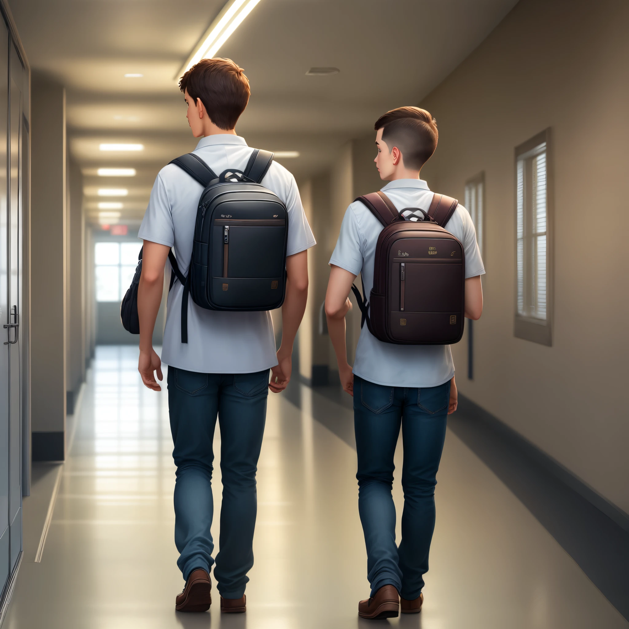 Disney Pixar to males standing in school hallway on left has buzz cut with cross body bag, on right wearing back pack carrying notebook