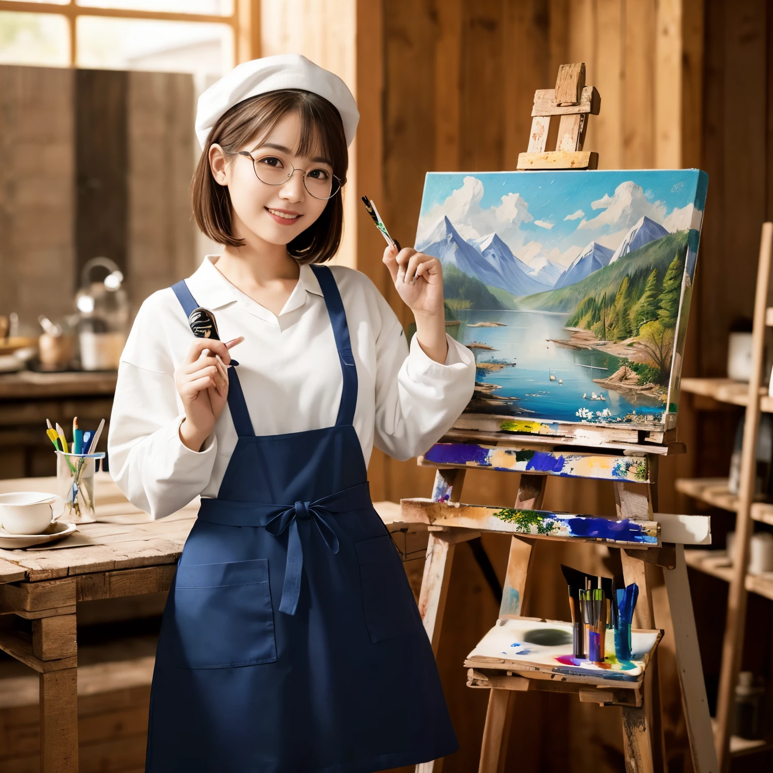 (top-quality、masutepiece、in 8K、Top image quality)、(1 photo:1.7)、(1人の女性、1 beautiful girl)、(Painting on canvas、Towards the canvas、She wears a white apron, Skirt, and a navy blue sweatshirt.、Wearing an apron、Draw the landscape、bright and warm lighting、Painting)、((perfect canvas、perfect easel、pallet、paint、pens))、(perfect hand、perfect anatomia、Perfect fingers、perfect brush、accurate hands:1.5)、Comfortable and clean atelier、Pill glasses、Literary girl、natural make up、Sitting on a chair、Biggest smile、Brown Beret、short-hair、Elegant round glasses、Emphasize body lines、large full breasts、View here、Shooting from the knee up