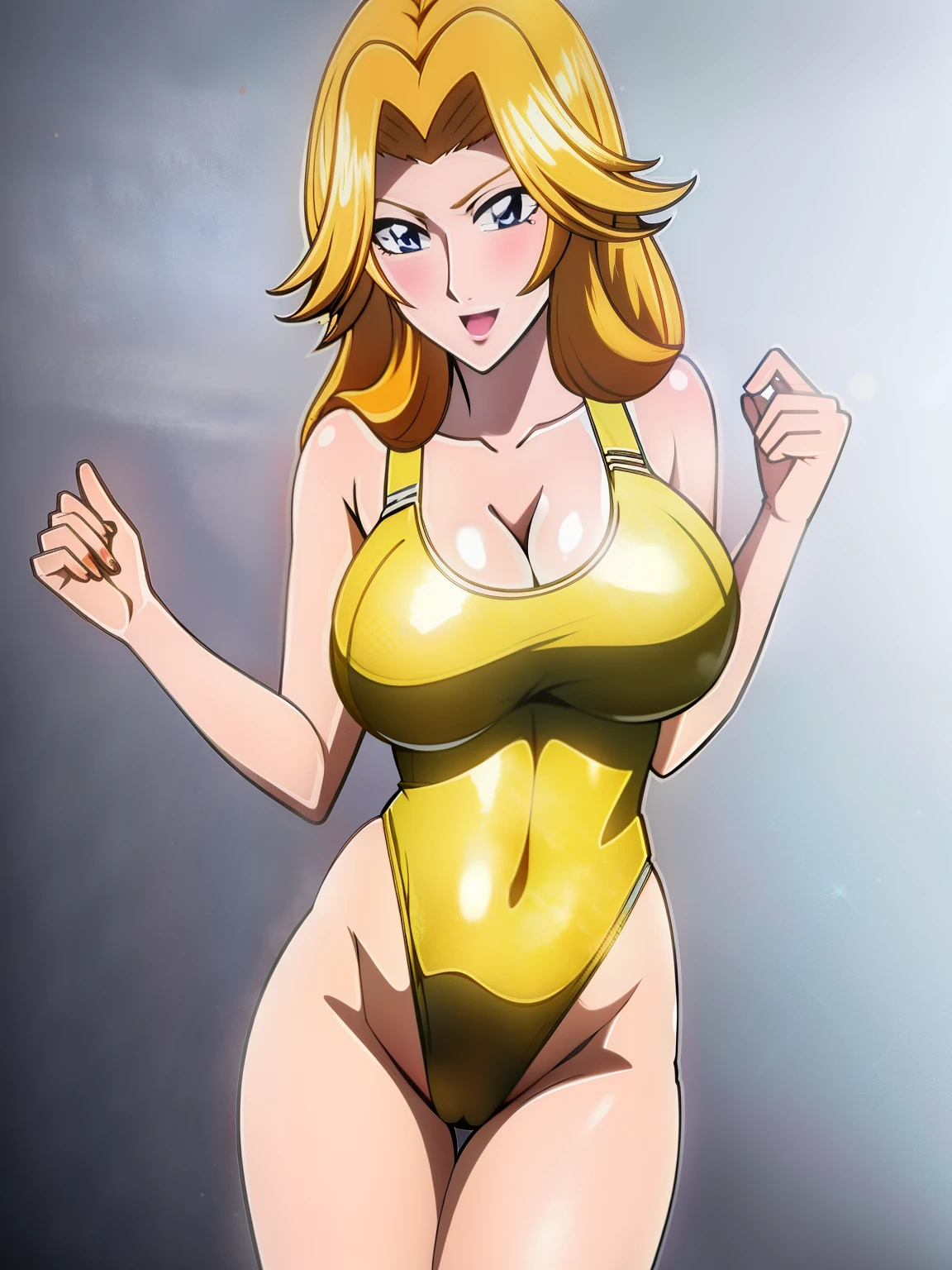 an anime girl、a matural female、beautiful a girl、solo、girl wearing a swimsuit、Short blonde girl、Semi-long hair、Medium hair、rating:safe、onepiece swimsuit、 Anime girl in a black and orange tank suit、Anime girl wearing a black and gold tank suit、 Black and orange high leg racing swimwear、Black and gold high-leg racing swimwear、huge tit、Woman with very large breasts、bow、shiny、hair_bow、Blue-eyed girl、shiny_clothes、grey_background、girl with half up hair、red_bow、open_mouth、shiny_skin、covered_navel、cowboy_shot、smile、thigh_gap、shiny_hair、Competitive swimsuit、High Leg Racing Swimwear、looking_at_viewer、;d、simple_background、collarbone、blush、Anime girl standing、earrings、The best girls in anime、artwork in the style of guweiz、Detailed Digital Anime Art、perfectly shaded body、realistic anime 3 d style、beautiful attractive anime girl、realistic anime art style、realistic shaded perfect body、