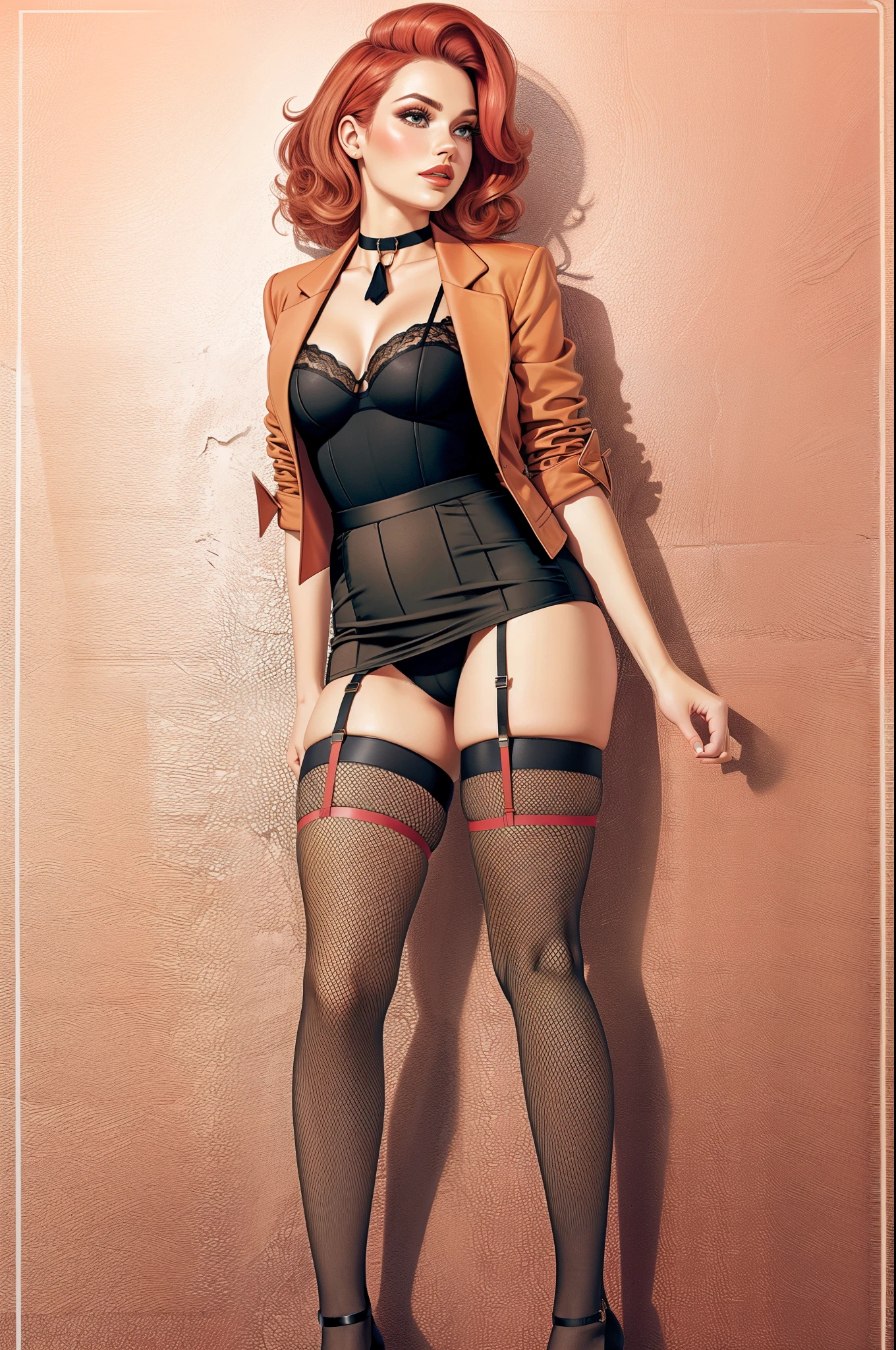 coral hair, shirt, jacket, garter belt, pencil skirt, camel toe, choker, fishnet stockings