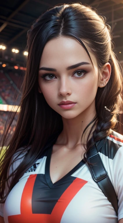Handsome football player, girl holding a soccer ball, His face is illuminated by bright light, face full of confidence and concentration, The girl is dressed in a sporty style., The perfect female face of the goddess, Деталь 8k, photo realistic style, sharp-focus, Professional lighting, colorful details, The painting is built according to the rule of the golden ratio.