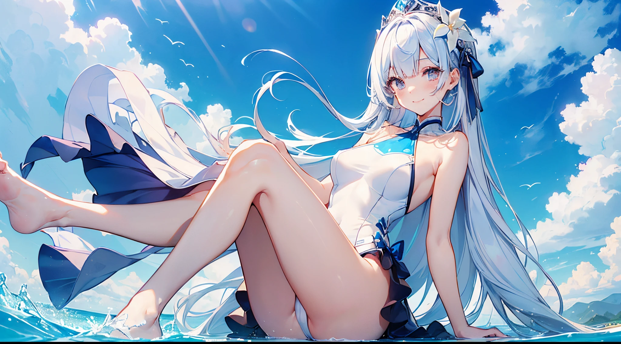 ((2D beautiful girl、top-quality:1.3、Perfect fingers:1.1、perfect anatomia:1.1、Dress perfectly、face perfect:1.1、Beautiful illustration))、(transform sequence)、((cute decorative headbands、high neck white swimsuit)、14years、Solio、hime、Fractal Art、baby-face、((stright long hair))、(Slender and beautiful legs)、big drooping eyes、(full body photographed:1.1、Long Shot Photography)、((1 persons))、The background is blue sky and sandy beach、Happy smiling face、