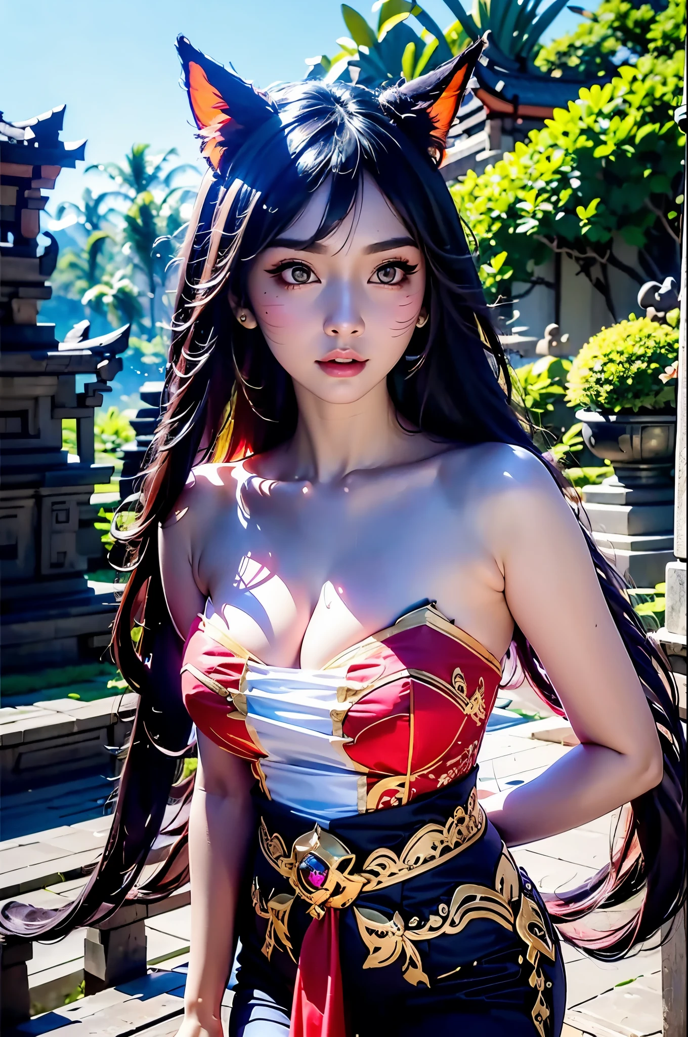 masterpiece, centered, close up shot, ahri \(league of legends\), (nine taileds fox), kebaya_bali blue, cute, standing, (portrait), Bali temple background, epic composition, epic proportion, HD