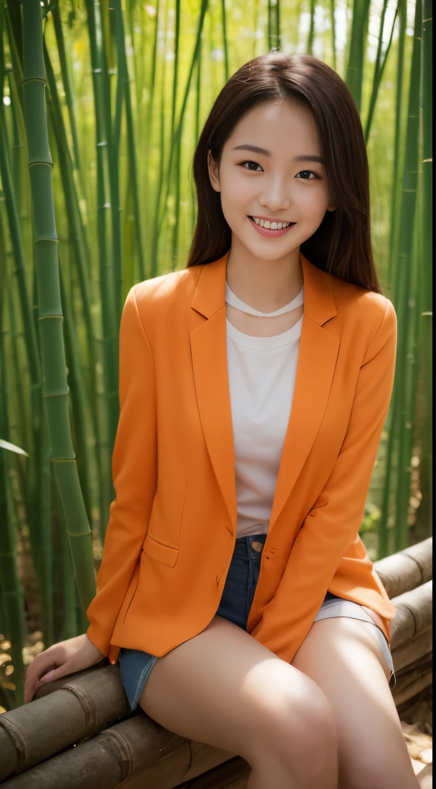 On a vibrant autumn afternoon，Figure 1 is from the highest quality 8K masterpiece.3，Shows a 19 year old girl。She is wearing an orange blazer and skinny jeans，Sitting quietly in the bamboo forest。Sunlight shines through mottled bamboo leaves，A layer of soft light and shadow enveloped her body。Her skin looks fairer in the sun，Contrast with orange blazer。 From this point of view，we can see the girl&#39;of the whole body。She is slim and healthy，This sportswear suits her figure very well，show her energetic image。Her legs spread naturally，Cross your hands at your waist，appear confident and powerful。 That girl&#39;The eyes are bright and determined，smiling and looking into the camera，It seems to be telling a story about struggle and hard work.。Her smile is like the autumn sunshine shining in the bamboo forest，Make people feel the vitality of youth and vitality of life。in this picture，We seem to feel her inner determination and love for life。 Surrounded by dense bamboo forest，Abundant greenery，The river is gurgling，Create dynamic scenes with girls。This scene is like a passionate poem，Telling about the beautiful time in autumn afternoon。