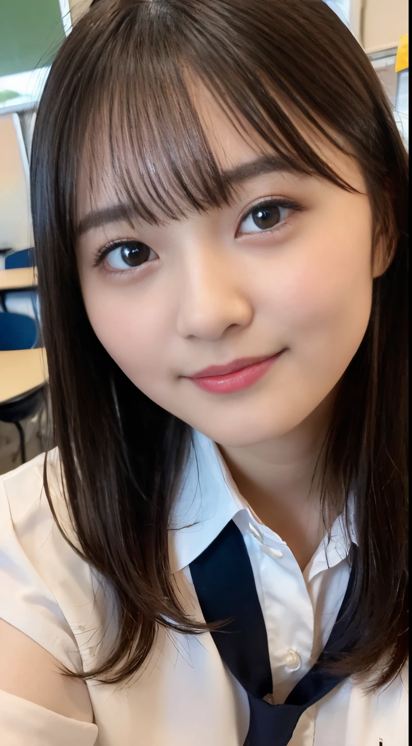 ((8K,Raw photography, top-quality, masterpiece),high definition RAW color photos professional close-up photos,(realisitic,photorealisim:1.37),(top-quality),(Best Shadows), ((up of face)),((directly in front)),A sexy, high resolution, high-definition CG unified 8K wallpapers, physically-based renderingt, Cinematographic lighting),a 18 year old girl, (dress shirts, high-school uniform:1.2),High School Classroom, beautiful finely detailed eyes, Light on the Face, ((up of face:1.2)), especially strong light, (Kamimei,ignore:1.2), glowy skin, ((A dark-haired,bobhair:1.2)), (The Flash:1.2), NSFW, (Idol),((Sit at a desk in the classroom:1.2)), ((smile:1.2)),((Bright and refreshing classroom, blur backgroun:1.2)),face perfect, kawaii faces,(high-angle shot:1.2)