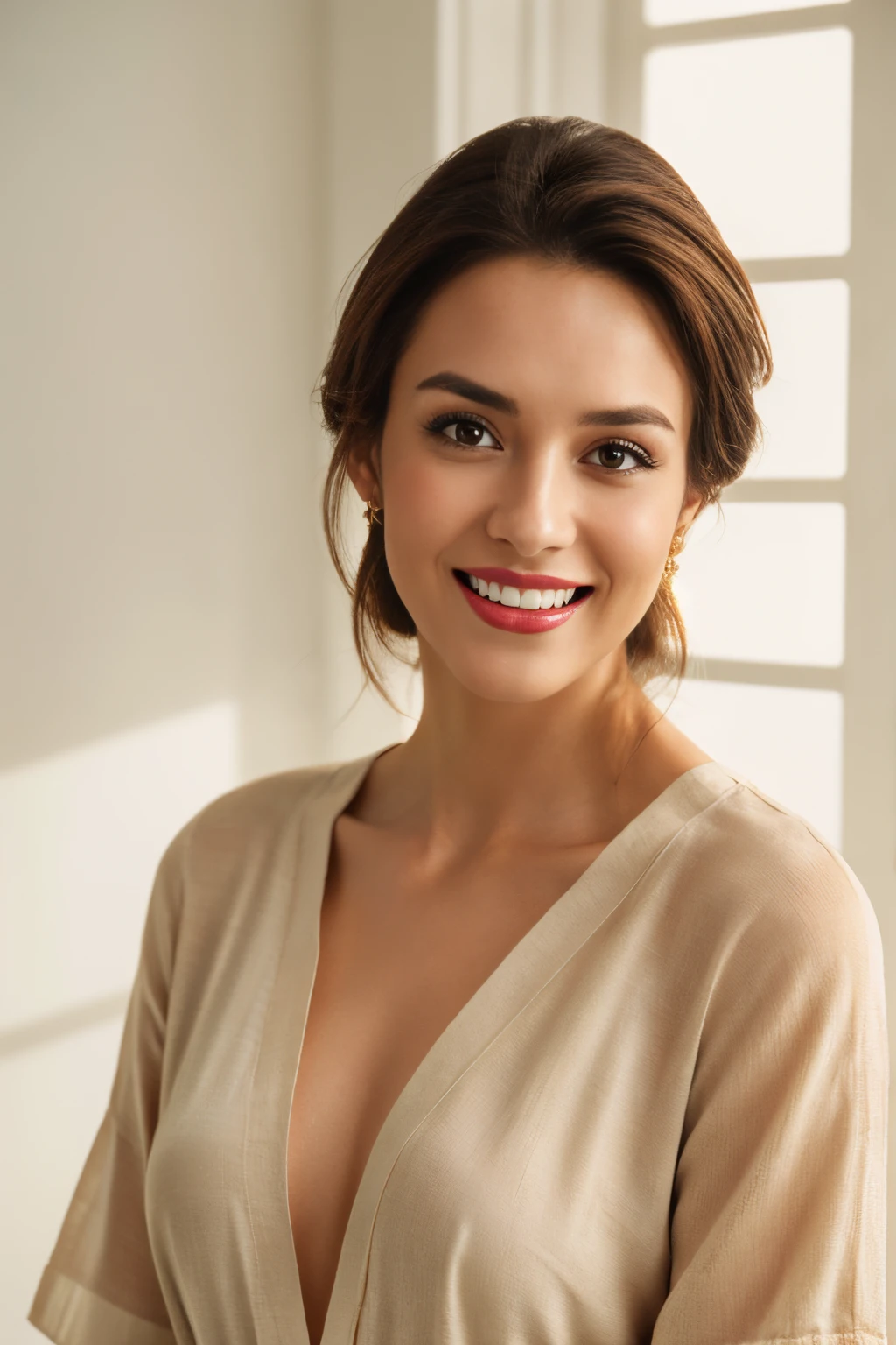 Best Quality, photorealestic, Ultra-detailed, finely detail, hight resolution, 8k wall paper, Professional, (Attractive 20 year old woman ), Elegant and stylish brown hair, wears medical gown, smiles naturally, beautiful girl with a bright make-up and with plump red lips peeks), natural lighting, On White Background