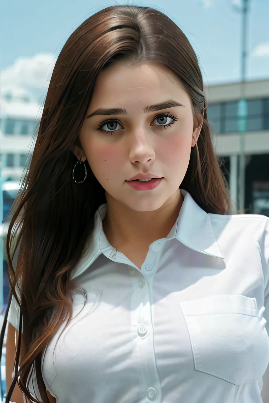 A close up of a woman in a white shirt and earrings - SeaArt AI