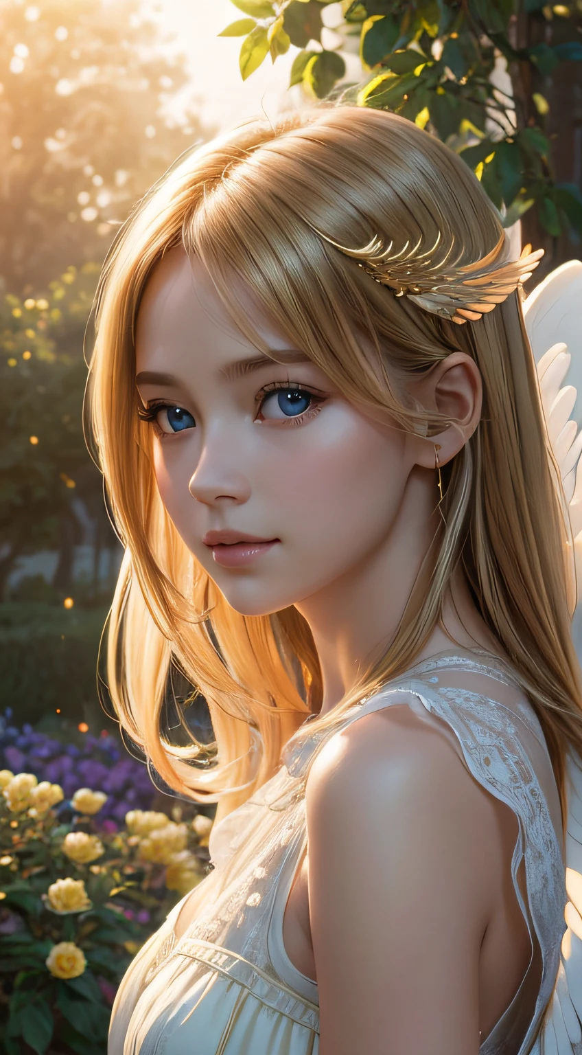 Best Quality,4K,in 8K,hight resolution,masutepiece:1.2),Ultra-detailed,(Realistic,Photorealistic,Photorealsitic:1.37),portraitures,nffsw,Studio Lighting,Vivid colors,garden,angelicales,Golden hair,Detailed eyes,Detailed lips,Adorable expression,Front-facing,5 girl,Wings on the back,golden aura,Soft and airy atmosphere,Happiness,Curious gaze,Majestic Pose,harmonious background,idyllic scenery, Sublime lighting,Precise brushwork,Subtle shades of pastel colors