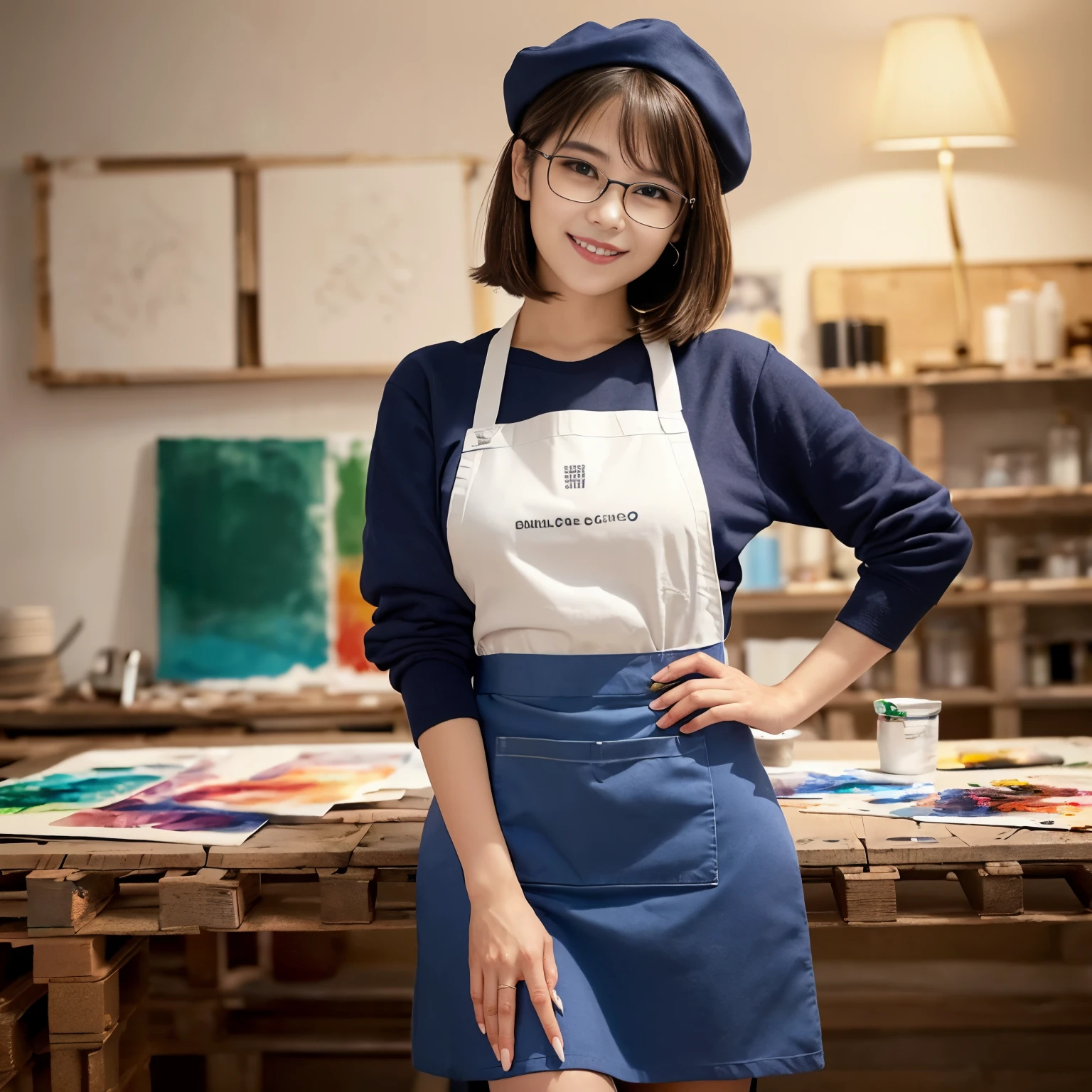 (top-quality、masutepiece、in 8K、Top image quality)、(1 photo:1.7)、(1人の女性、1 beautiful girl)、(Painting on canvas、Towards the canvas、She wears a white apron, Skirt, and a navy blue sweatshirt.、Wearing an apron、Draw the landscape、bright and warm lighting、Painting)、((perfect canvas、perfect easel、pallet、paint、pens))、(perfect hand、perfect anatomia、Perfect fingers、perfect brush、accurate hands:1.5)、Comfortable and clean atelier、Pill glasses、Literary girl、natural make up、Sitting on a chair、Biggest smile、Brown Beret、short-hair、Elegant round glasses、Emphasize body lines、large full breasts、View here、Shooting from the knee up