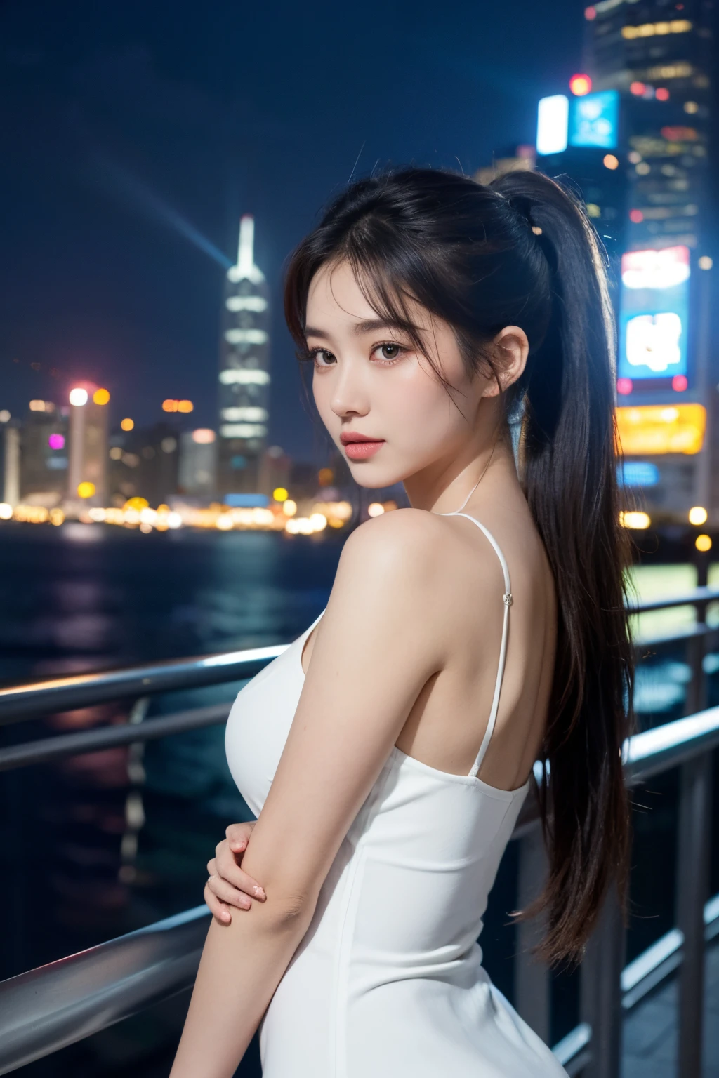 (Best quality at best, A high resolution, ultra - detailed), a beautiful girl in the city, rays of sunshine, Glass curtain wal, buildings, tight white dress, Long hair tied into a ponytail, eyes with brightness, Upturned lips reveal confidence and playfulness, The city&#39;s neon lights flash behind her, The bells of Hong Kong Cathedral in the distance, busy pedestrians passing by, Didn&#39;t know her beauty and talent.