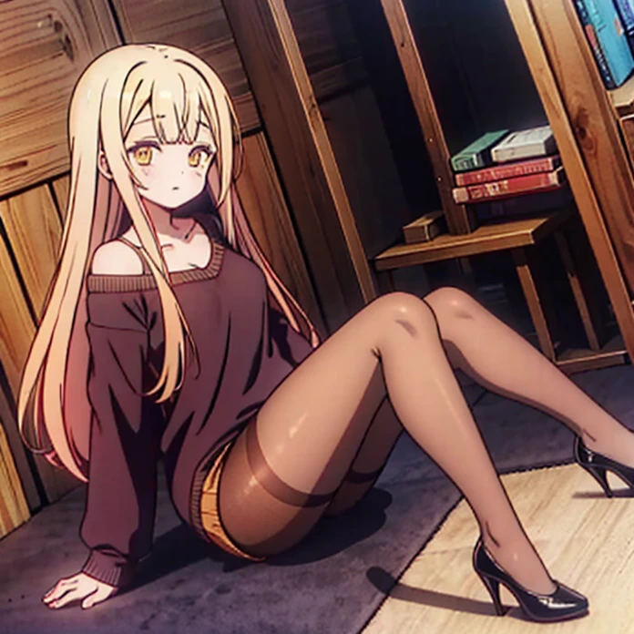 mulher pequena com Cabelo Amarelo e Olhos Vermelhos usando Sueter, Black Pantyhose and High Heels, mahiru shiina yueer-read