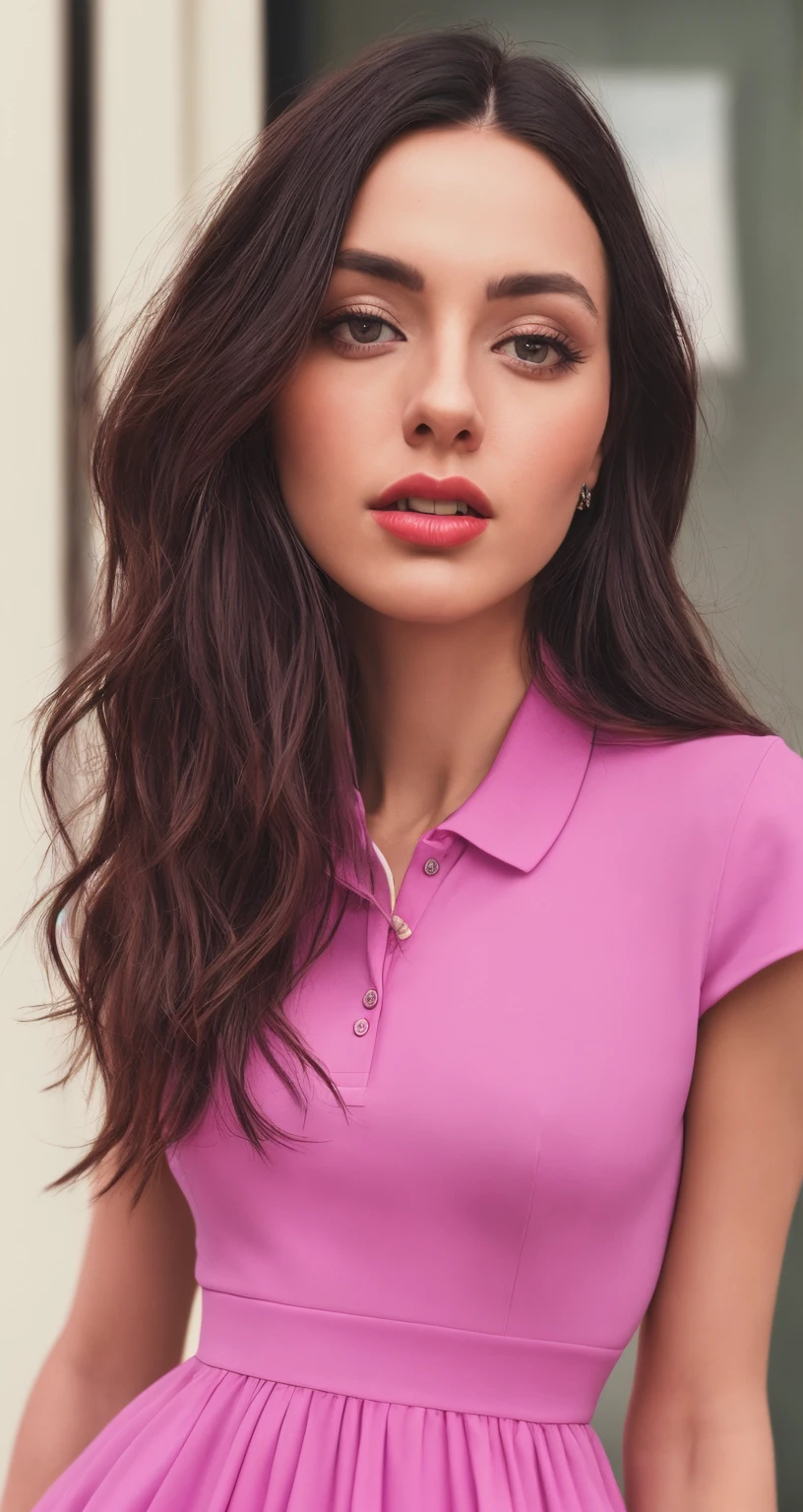 tiktok photo of 37 years old woman, closeup, RAW, masterpiece, realistic, hyper realistic, muted color, film grain, 
looking at viewer, polo's pastel perfection looking 80s casual soft collars, fascinating, 
wearing Magenta dress flower,