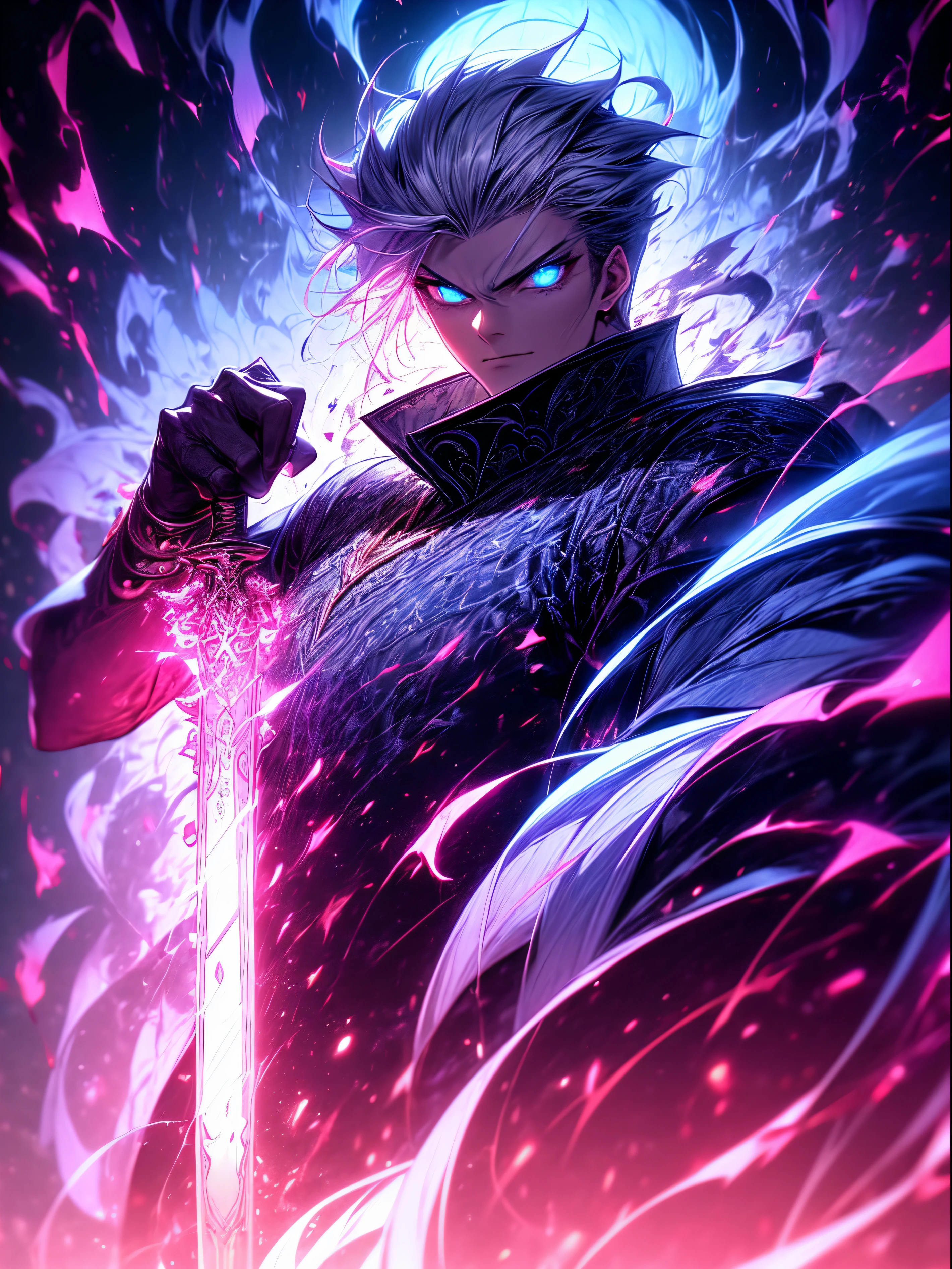 1 boy, handsome, blue and white hair, beautiful face, blue eyes, cosmic sword in hand, blue, purple, dragon cosmic Armor, cosmic energy released from sword, black void background, 4k art, wallpaper, ultra-high detailed, high detailed face and body, face towards camera