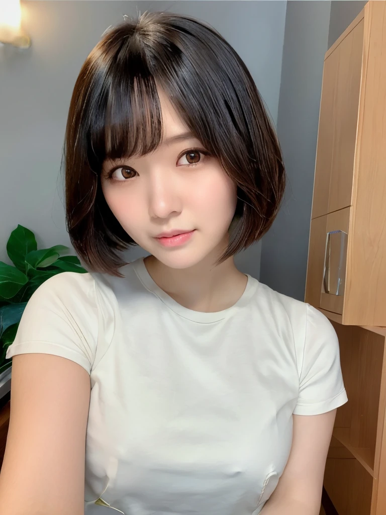 Close-up of a short-haired woman wearing a beige shirt, Short hair details, Qi bangs short hair, Qi bangs hair, Bagel hair style, hime-cut, Young and cute asian face, Kurohime cuts hair, Korean girls, chiho, young and cute girl, Girls&#39; avatar is cute and exquisite, bob cut  hair