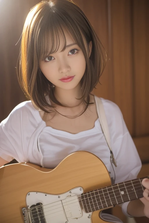 finely detail, hight resolution, hightquality、Perfect dynamic composition, Beautiful detailed eyes, Medium Hair, small tits、Natural Color Lip,Kamimei、Shibuya、20 years girl、1 persons、Transparent skin、Glowing hair、A smile、masutepiece, Best Quality, Illustration, Ultra-detailed, finely detail, hight resolution, 8K、The correct state of the human body、crouching down、Gravure Model Pose，Hair soaring in the wind、（holding an electric guitar）、（white  shirt）