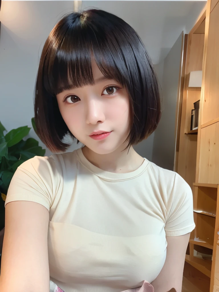 Close-up of a short-haired woman wearing a beige shirt, Short hair details, Qi bangs short hair, Qi bangs hair, bagel hairstyle, hime-cut, young and lovely Asian face, Kurohime cuts hair, Korean girls, chiho, young and cute girl, The girls' The avatar is cute and exquisite, bob cut hair