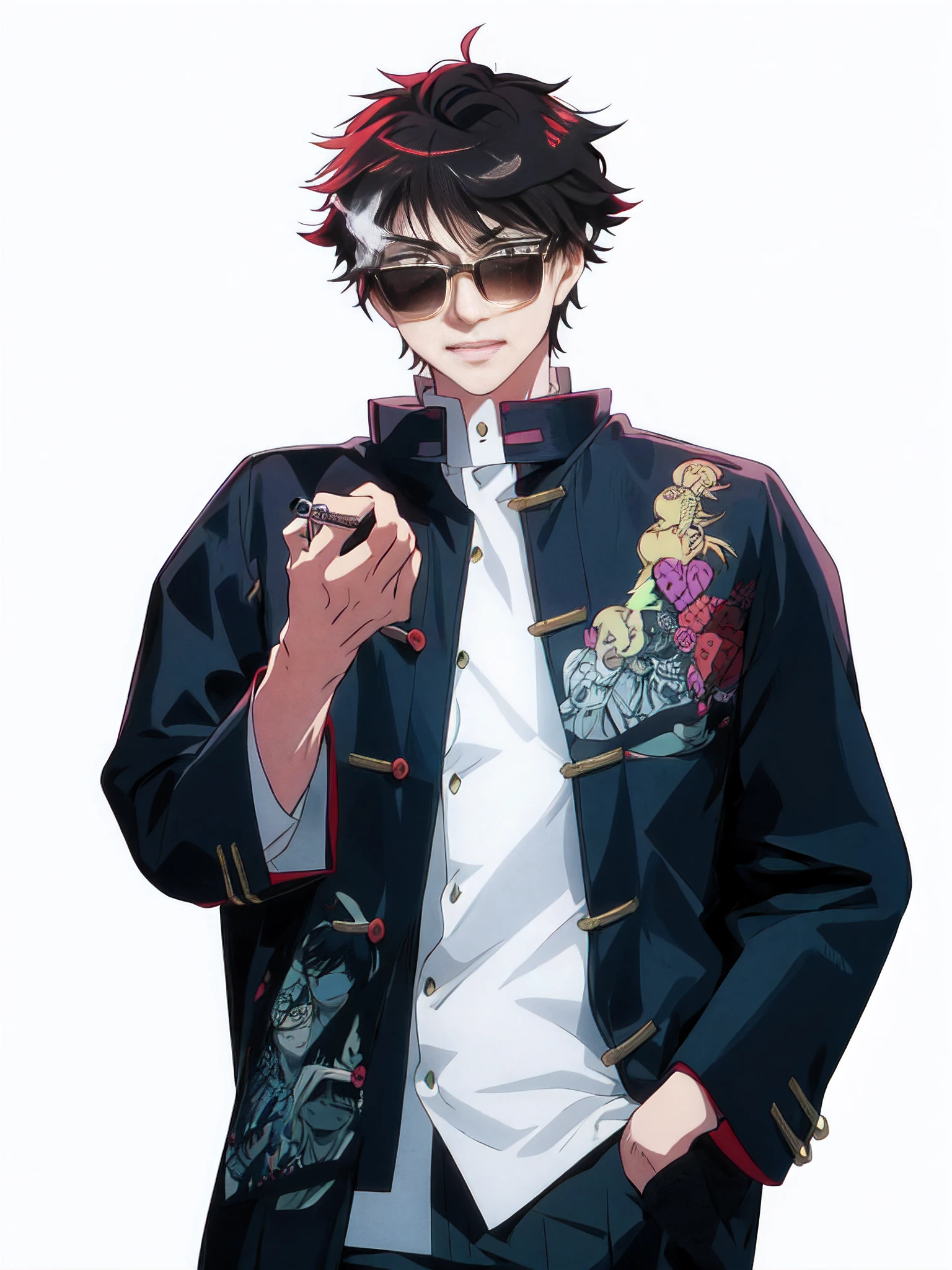 brunette color hair、wears glasses、anime character holding cigarette, Inspiration for Masanobu Okumura, 2 d anime style, kentaro miura art style, trigger anime artstyle, The handsome guy who kills demons, Ikari Yuantang smokes, kentaro miura manga art style, style of anime, Inspired by Okumura Togyu