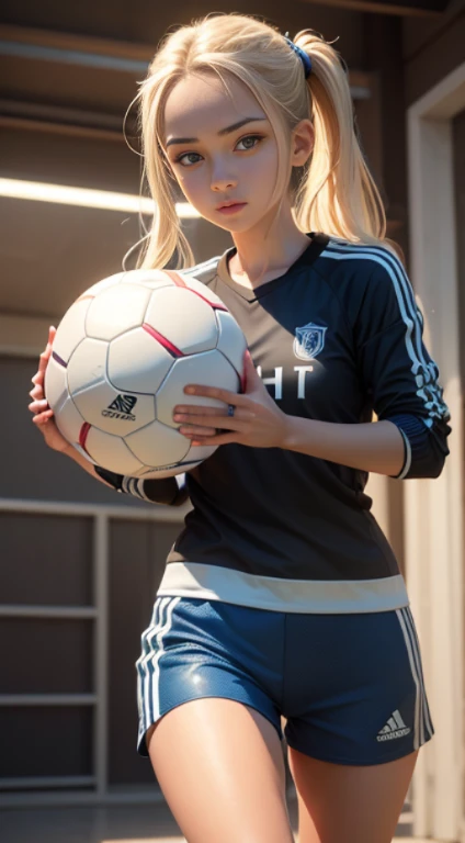 Beautiful girl soccer player, girl wearing long shorts, girl holding a soccer ball, His face is illuminated by bright light, face full of confidence and concentration, The girl is dressed in a sporty style, The perfect female face of the goddess, Деталь 8k, photo realistic style, sharp-focus, Professional lighting, colorful details, The picture is built according to the golden ratio rule