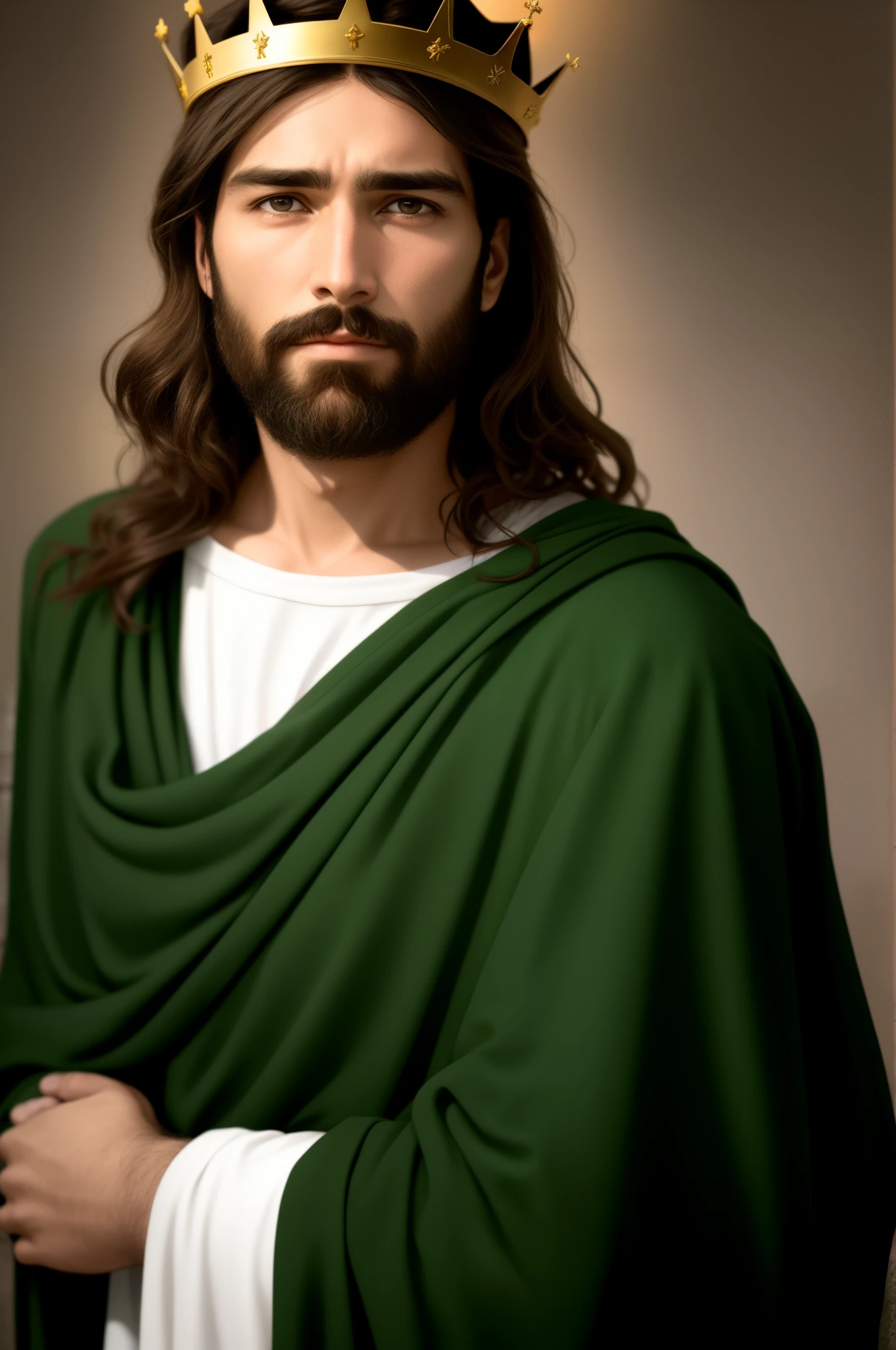 "Please create a realistic portrait of Jesus, representing him as a simple and humble man. Highlight the calm and compassionate expression on your face, with serene eyes and a soft smile. Be sure to faithfully portray Jesus' signature facial features, such as his beard and long hair. Add a crown of thorns on your head, emphasizing the painful aspect, but without exaggerating the violence. Use soft lighting to emphasize the aura of kindness and peace around it. The main focus should be to convey the message of love and compassion that Jesus represents. Please avoid any offensive or disrespectful depictions. The goal is to create a reverent and inspiring image that captures the essence of Jesus as a simple man and the Savior of mankind."