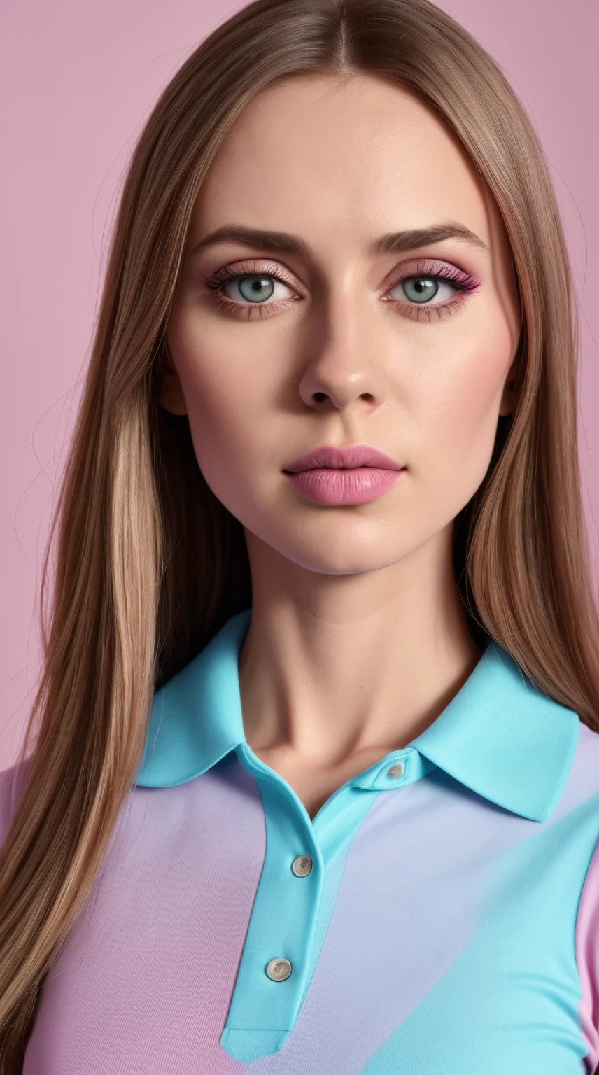 tiktok photo of 37 years old woman, closeup, RAW, masterpiece, realistic, hyper realistic, muted color, film grain, 
looking at viewer, polo's pastel perfection looking 80s casual soft collars, fascinating, 
wearing Magenta dress flower,