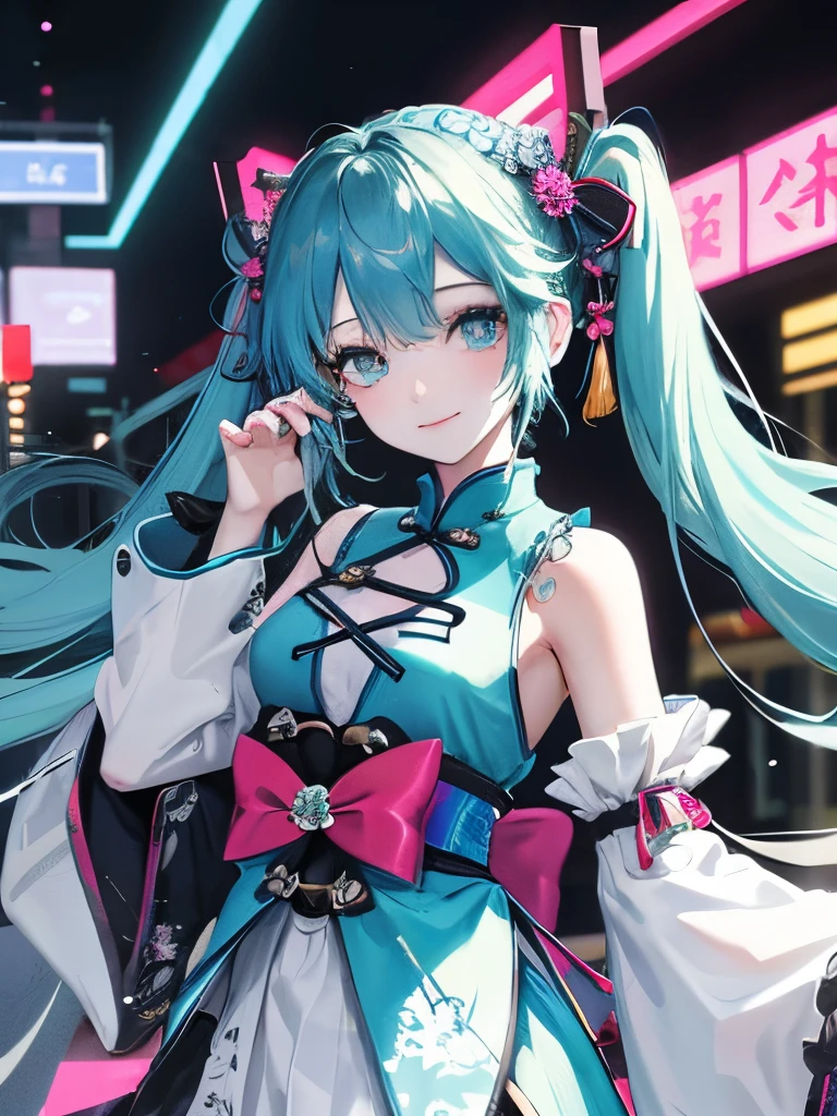 1 girl in、miku hatsune、blue hairs、length hair、up hair、chinese clothes、ta fashion、Smile、neons