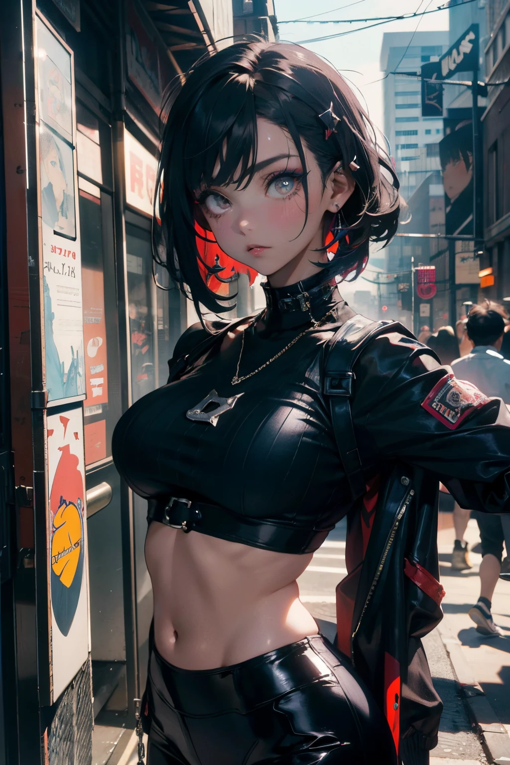 a 20 yo woman、A dark-haired、(hi-top fade:1.3)、dark themed、Muted Tones、Subdued Color、highly contrast、(natural skin textures、Hyper-Realism、Soft light、sharp)、(masutepiece:1.2, Best Quality), (real picture, Intricate details), (1lady, Solo, Upper body, Big Tits)
Clothes: Edgy, Avant-garde, experimental
appearance: Shaved head or bold hair color, Dramatic makeup, Unconventional fashion choices
behavior: defiance, non-conformist, place of provocation: urban art district, Underground Music Scene
hobby: attending punk shows, creating mixed media art, Try different subcultures
values: individuality, authenticity, Creative Expression Inspiration: Punk rock music, Counterculture icons, Characters of the avant-garde movement: Bold, boldness, Unconventional.，Street fashion，leggins，