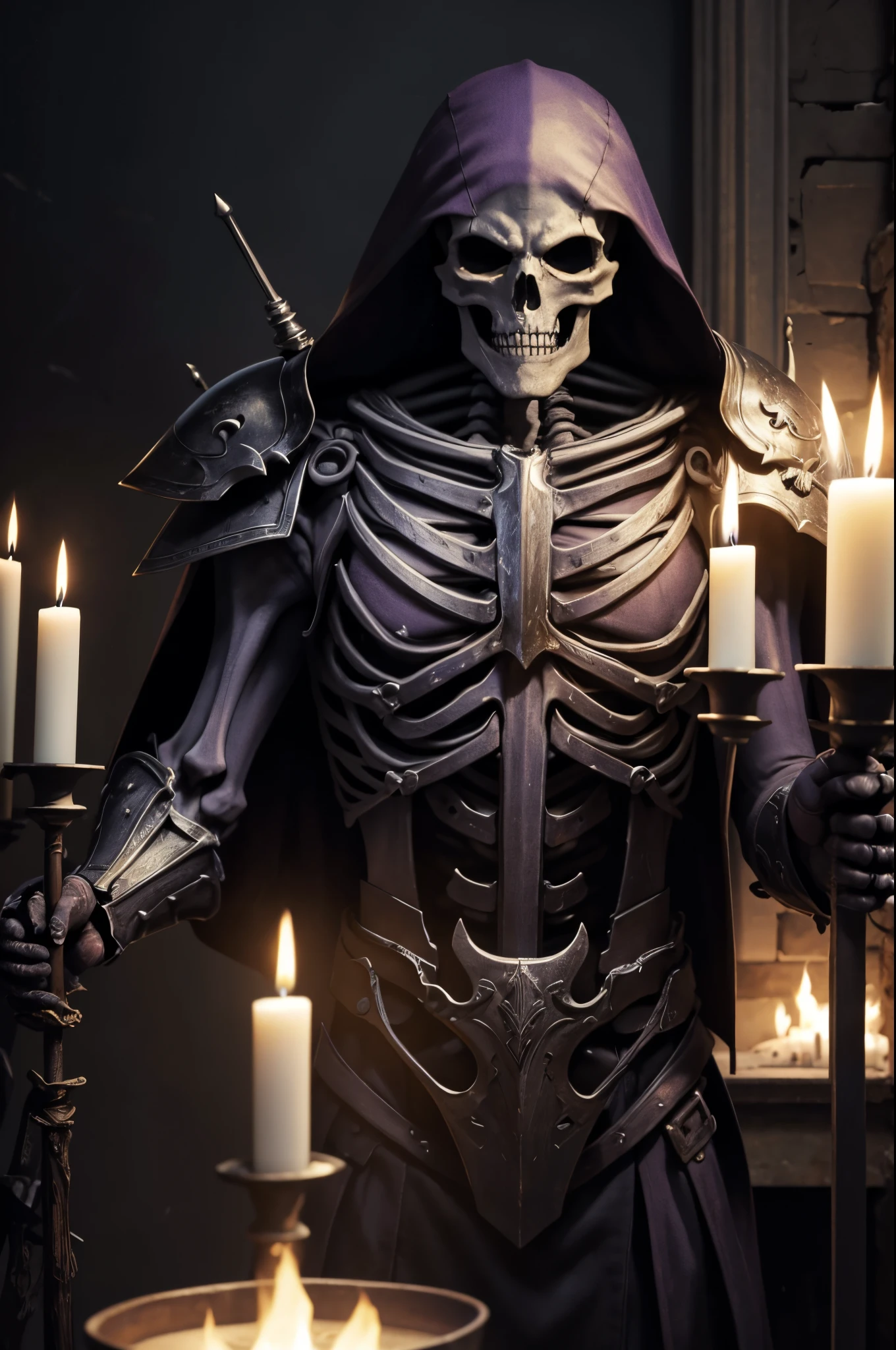 8K、There&#39;s a skeleton in tattered armor in a dimly lit room。(​masterpiece)With a sword and shield、emits purple smoke from its body,frightening look、devil&#39;s skeleton(exact details of the skeleton)A space full of madness,There are many lit candles on the wall(Fire effect)There is a broken fireplace in a dimly lit room.,超A high resolution、super precision、A hyper-realistic、