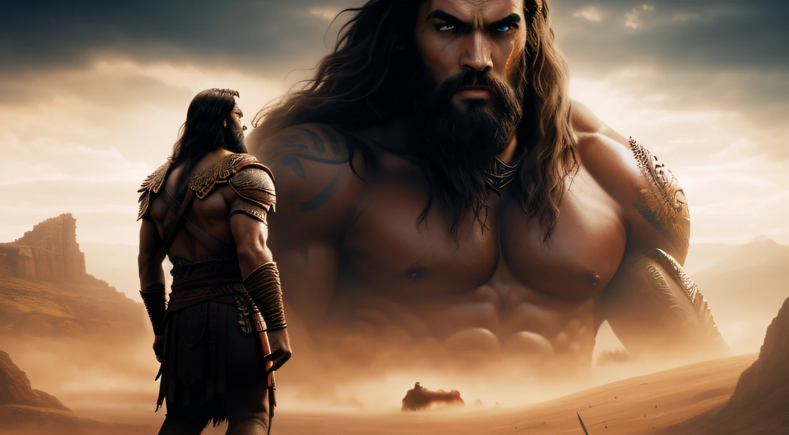 um close de um homem parado na frente de um monstro gigante, biblical epic movie, Pintura de Golias, na captura de tela do filme 300, Jason Momoa como Conan, papel de parede hd, jason momoa as assyrian, Conan, big titan creature in the center, Hercules, portrait of demigod hercules, filme ainda de god of war, Conan, the Barbarian