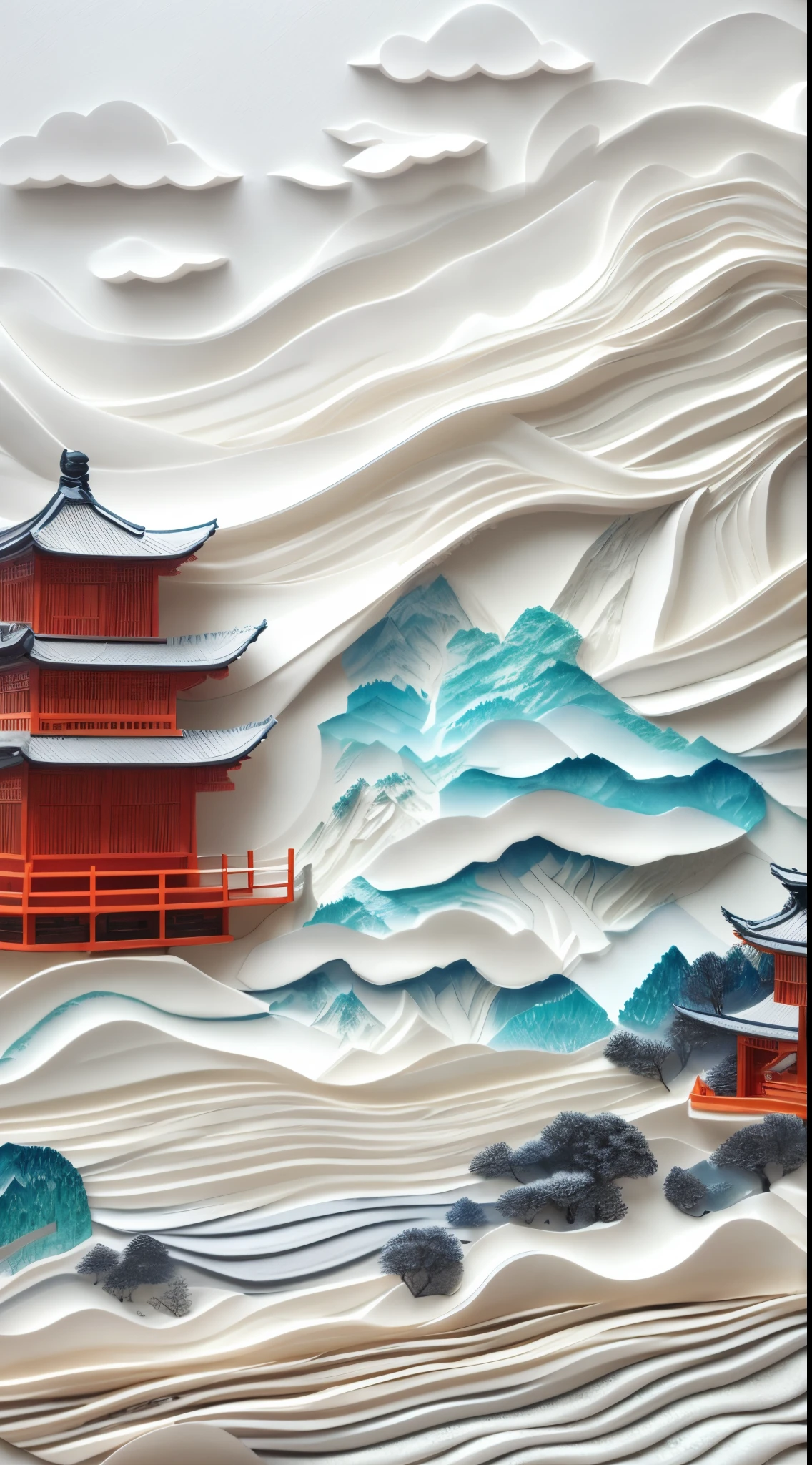 Paper cut close-up of mountains and rivers, The art of layered paper, Pop Japaneseism 3D Super Detailed, white backgrounid,artwork in style of sheng lam, Landscape art detailed, intricate 3 d illustration, Chinese landscape, Multi-layered artwork, layered paper style, paper art, arte em papel cortado, high quality architectural art, landscape artwork, intricate scenery