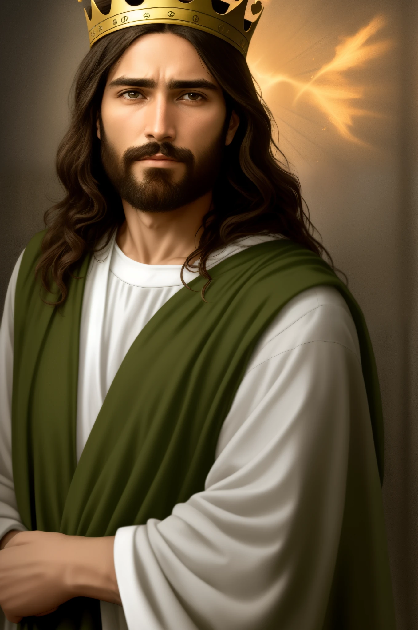 "Please create a realistic portrait of Jesus, representing him as a simple and humble man. Highlight the calm and compassionate expression on your face, with serene eyes and a soft smile. Be sure to faithfully portray Jesus' signature facial features, such as his beard and long hair. Add a crown of thorns on your head, emphasizing the painful aspect, but without exaggerating the violence. Use soft lighting to emphasize the aura of kindness and peace around it. The main focus should be to convey the message of love and compassion that Jesus represents. Please avoid any offensive or disrespectful depictions. The goal is to create a reverent and inspiring image that captures the essence of Jesus as a simple man and the Savior of mankind."