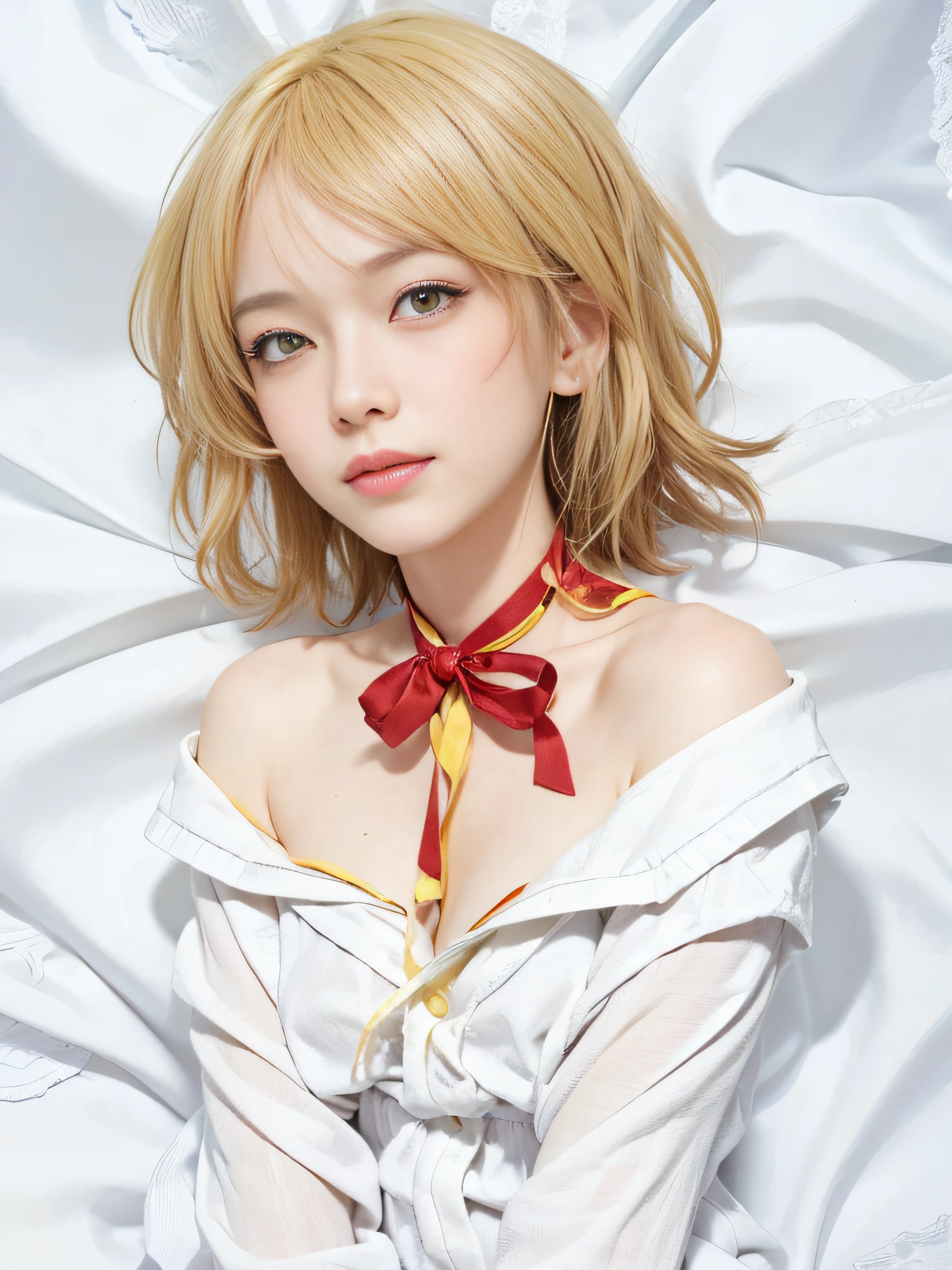 masterpiece, best quality, (realistic, photo-realistic:1.4), (RAW photo:1.2), extremely detailed CG unity 8k wallpaper, delicate and beautiful, amazing, finely detail, official art, absurdres, incredibly absurdres, huge filesize, ultra-detailed, extremely detailed, extremely detailed girl, extremely detailed eyes and face, light on face,little smile,short hair,(red ribbon on neck:1.5),white shirt,(yellow eyes:1.7)