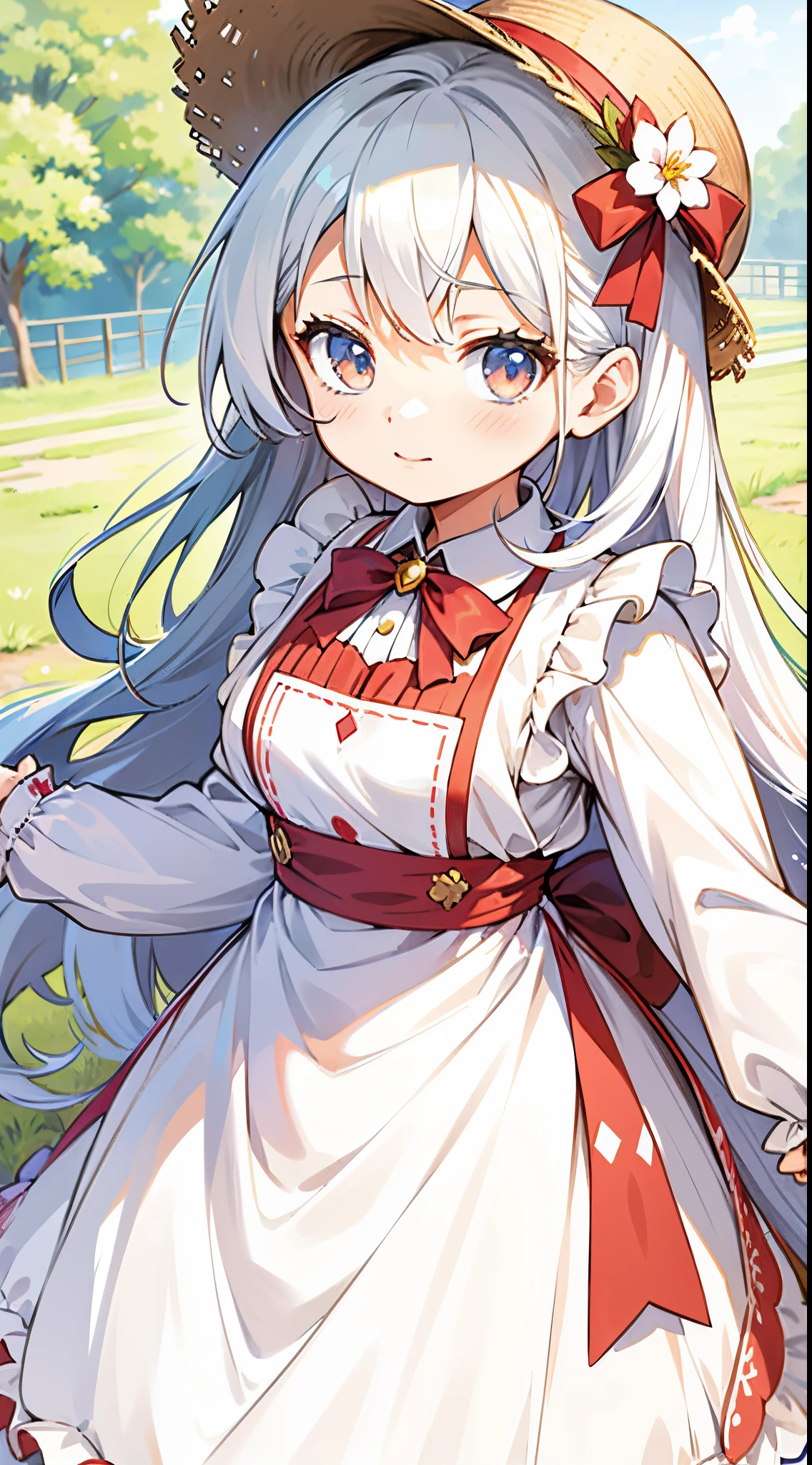Anime girl with long white hair and a straw hat, Anime visuals of cute girls, Official art, Shirabii, anime visual of a young woman, anime girls in maid costumes, cushart krenz key art feminine, small curvy loli, white haired god, splash art anime loli, official artwork, loli in dress, sakimichan