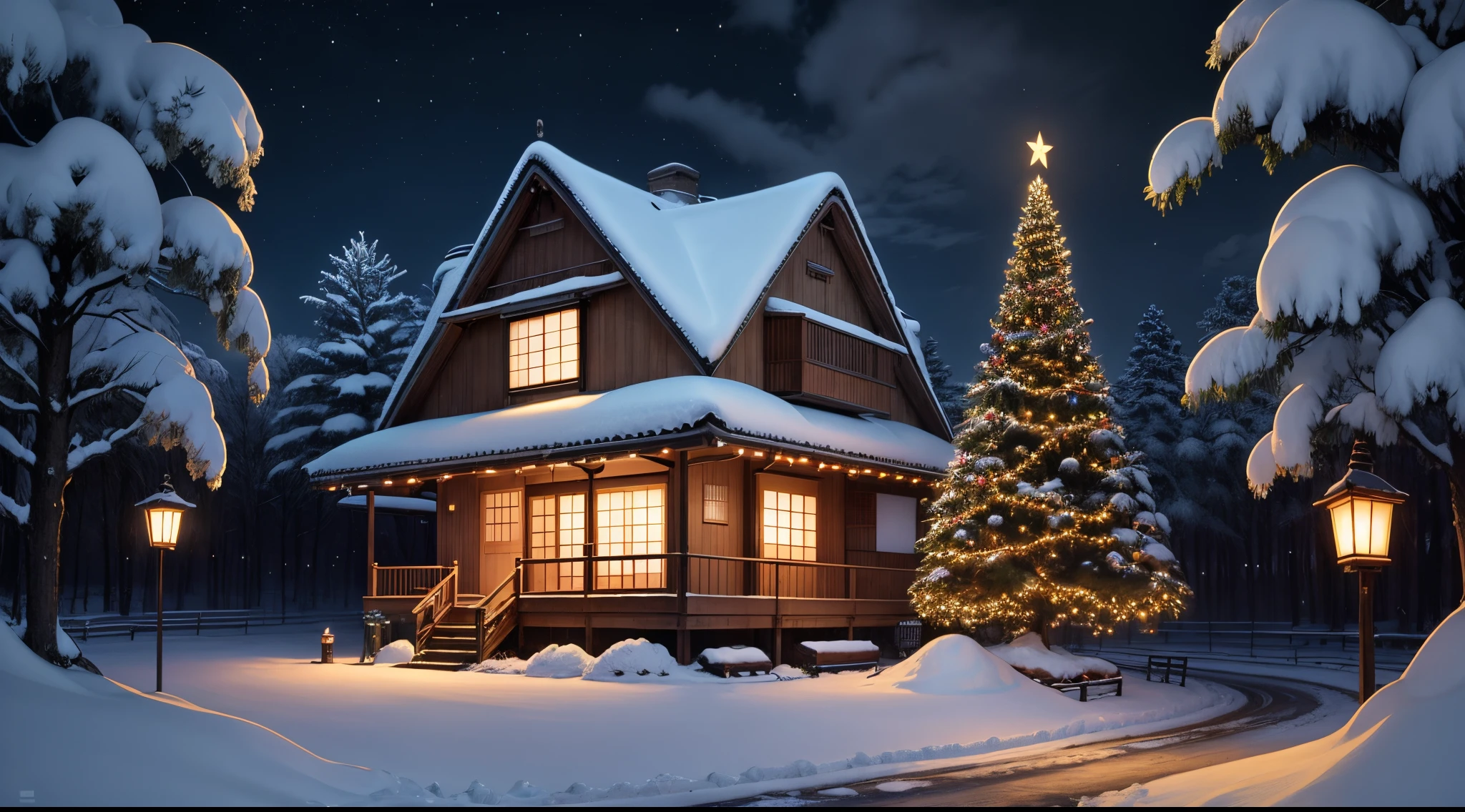 Japanese house with Christmas lights , night , snow , Ghibli style , Christmas tree , nature , high quality , high res , ultrasharp , 8K