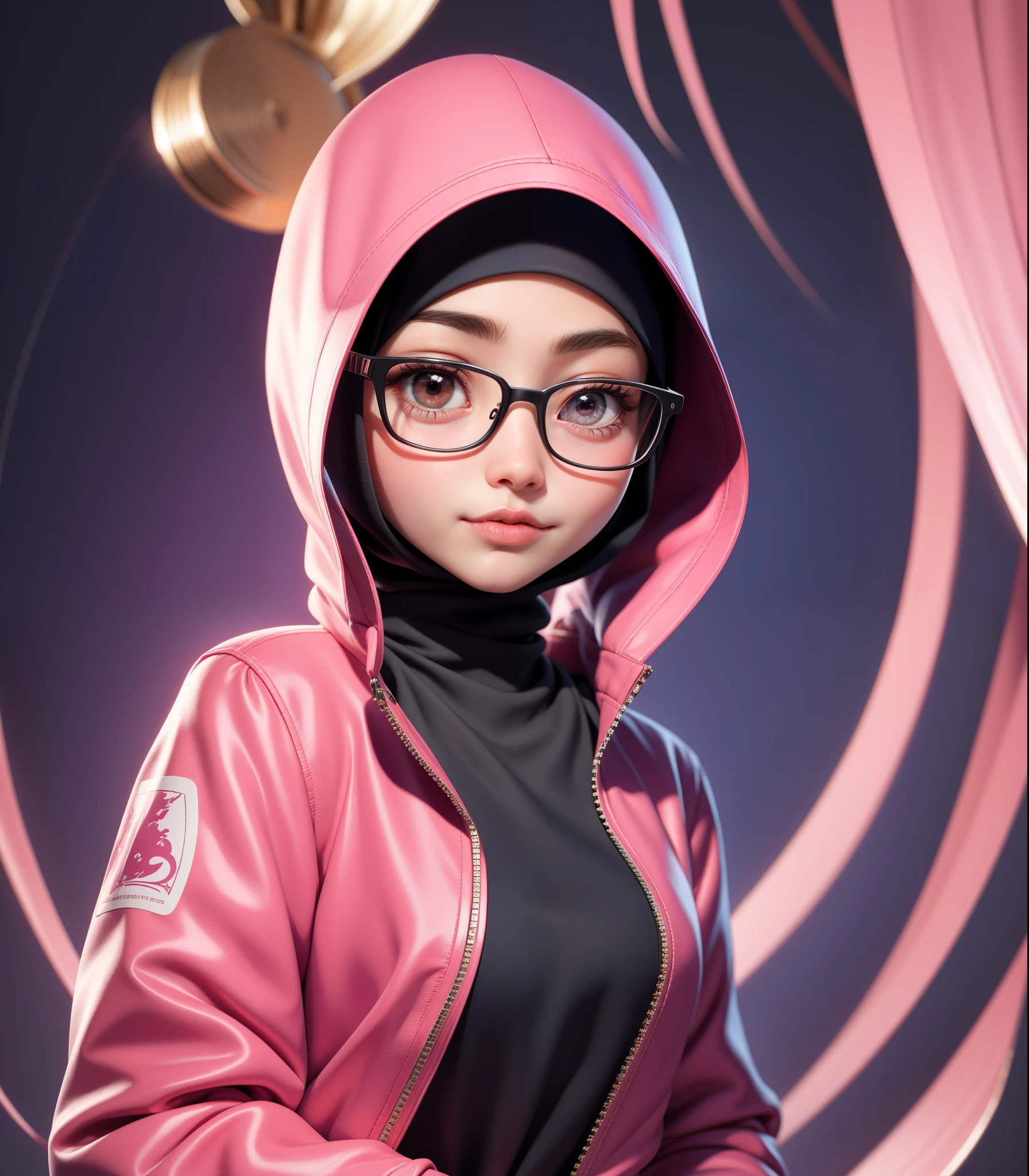 (tmasterpiece),(best qualtiy:1.0),(超高分辨率:1.0),A detailed illustration,8K,There is a woman hijab in glasses and a pink jacket looking at the camera, Very detailed anime style,the soft light。Q version, Q version, Q version