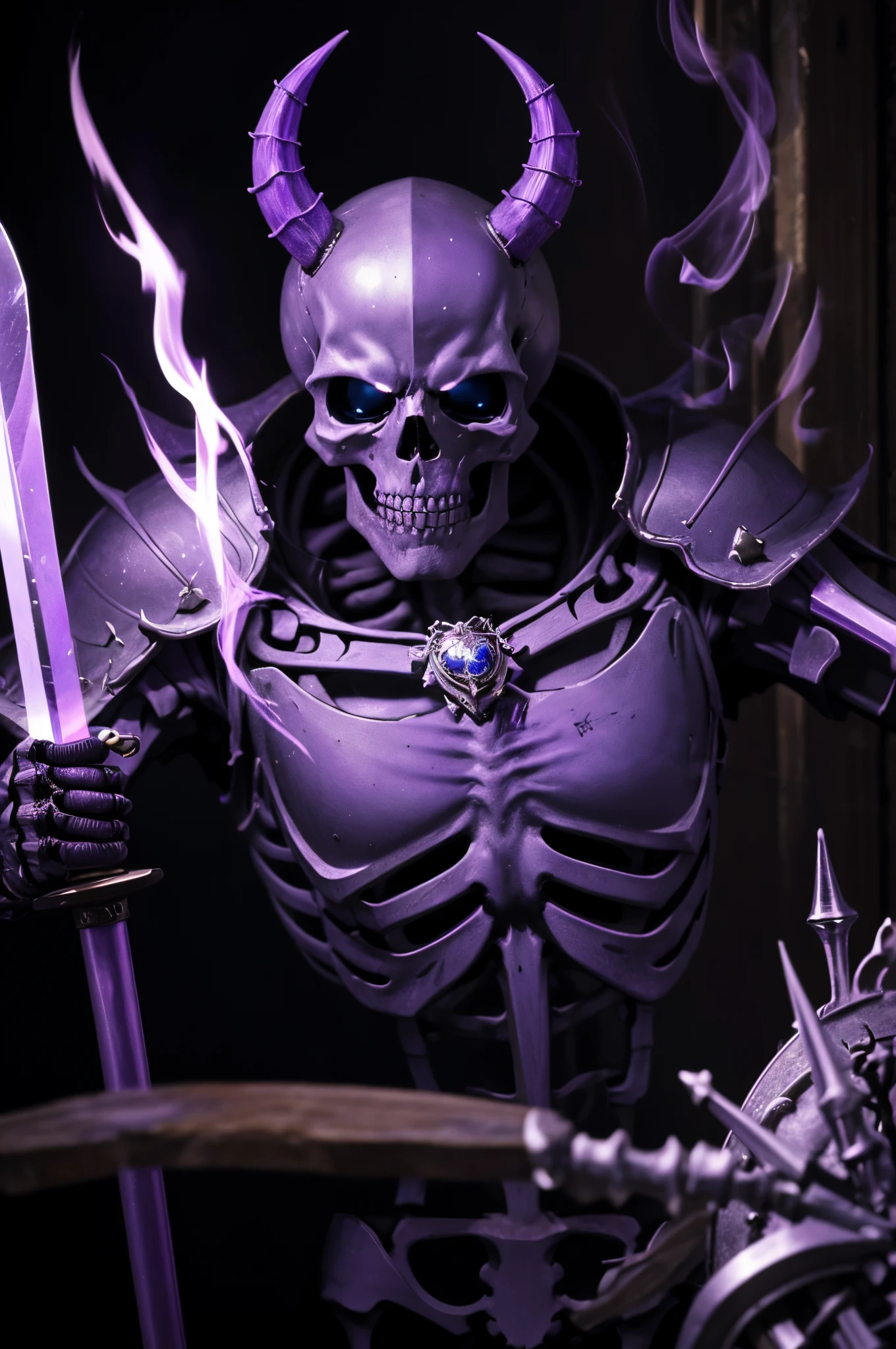 8K、There&#39;s a skeleton in tattered armor in a dimly lit room。(​masterpiece)With a sword and shield、emits purple smoke from its body,frightening look、devil&#39;s skeleton(exact details of the skeleton)A space full of madness,There are many lit candles on the wall(Fire effect)There is a broken fireplace in a dimly lit room.,超A high resolution、super precision、A hyper-realistic、
