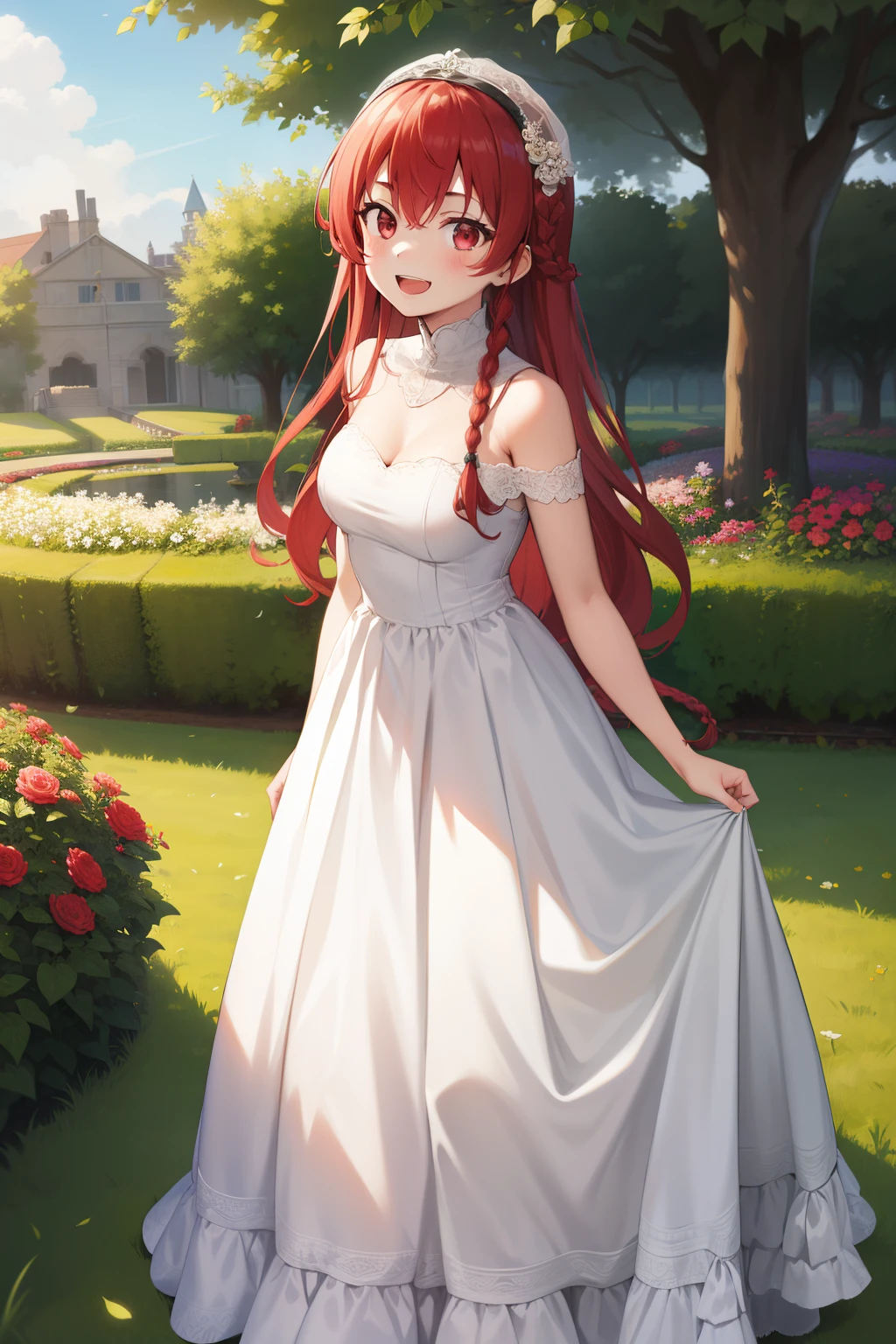 masterpiece, best quality, highres, aarurutie,1girl, wedding dress, white dress, standing, garden, smile, open mouth, long braid red hair, red eyes,