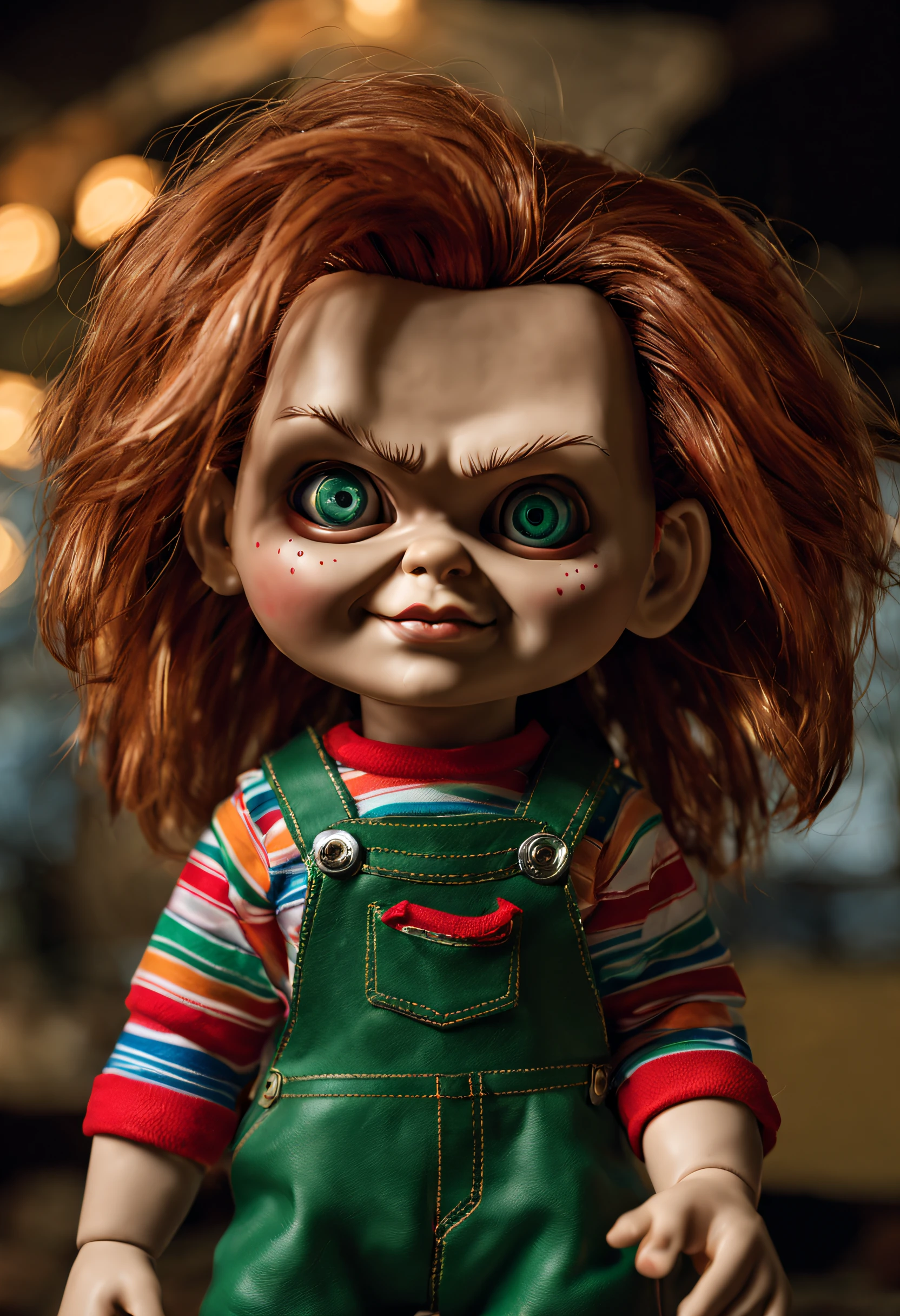 (best quality, 300 dpi, Very high resolution: 1.2), ultra-detalhado, Realistic, boneca mais fofa, boneco inspirado no boneco Chucky, belos olhos verdes detalhados, cabelo castanho detalhado, Realistic, olhos verdes penetrantes, olhos verdes vibrantes, olhos expressivos , cabelos castanhos cacheados, cachos bonitos, rosto e olhos inocentes, covinhas fofas, pale skin with rosy glow, sardas nas bochechas, Pink lips with a faint smile, sobrancelhas expressivas, delicate eyelashes, fios de cabelo com textura fina, meticulously crafted facial features , hand painted porcelain skin, sardas polidas, subtle shading for a realistic look, material de corpo de resina de alta qualidade, meticulous attention to every little detail, textura e cor da pele realistas, meticulously sculpted hands and feet, fine articulation for realistic poses, Adorable doll Plus size outfit with clothes inspired by the Chucky doll, sapatos em miniatura com detalhes intrincados, realistic fabric folds and patterns, synthetic leather clothing with realistic texture and finish, intricate toy stitching and buttons, Meticulously drawn patterns and designs painted on woodworker's clothing with vibrant stripes, Clothing colors and patterns to match the Chucky doll's style, doll with movable limbs and joints for versatile posing options, Doll-sized replica of Chucky's signature knife, terribly adorable mix of cute and scary, Ray-Ban sunglasses for a touch of style, Expressive facial expressions that capture the Chucky doll's antics, divertido e assustador, recursos e habilidade altamente detalhados, Perfect collection for horror movie fans, artistic interpretation of the Chucky doll concept, Meticulously designed and handcrafted masterpiece in the world of dolls.