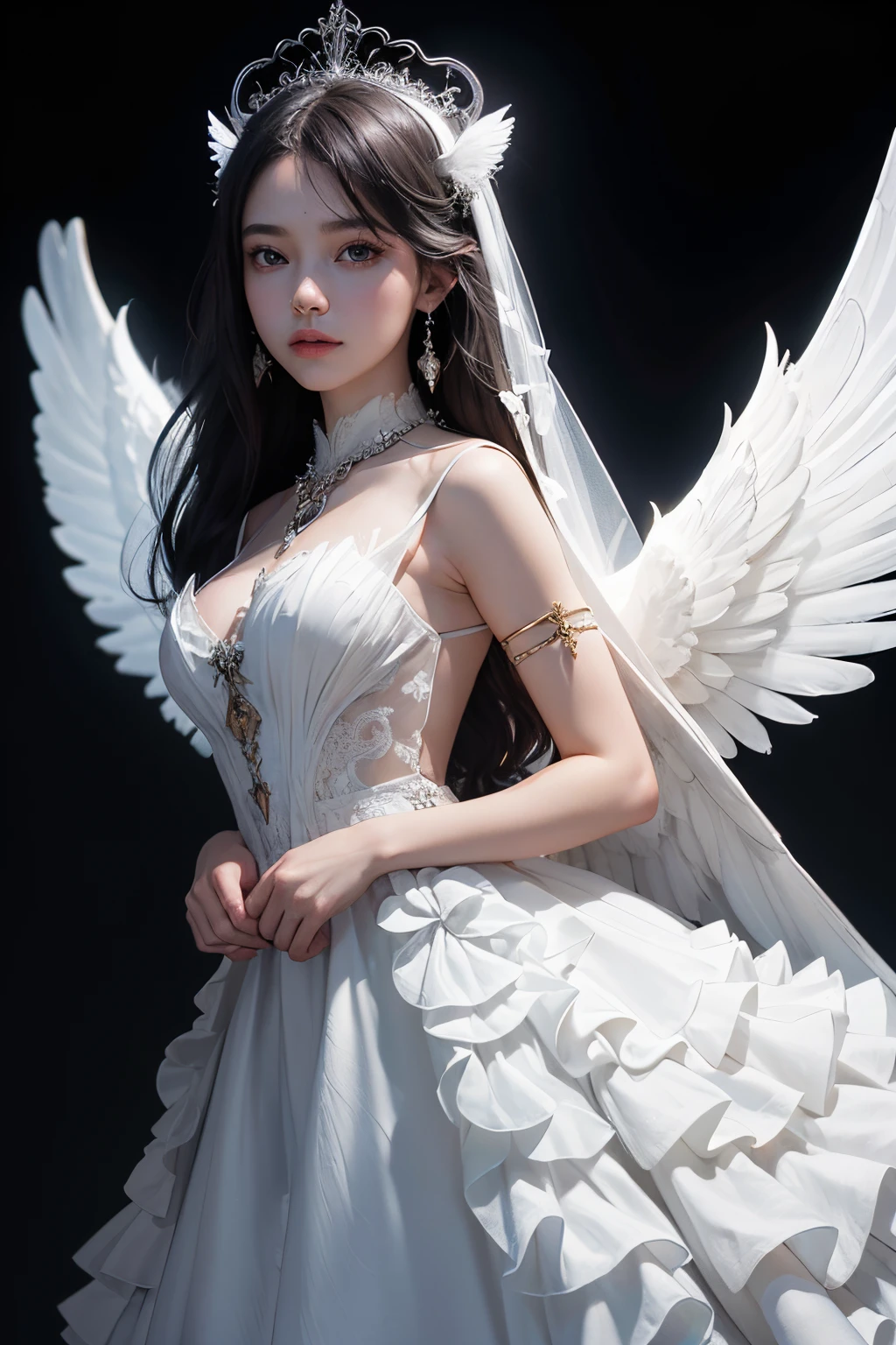 Epic CG masterpiece, Put on angel costume、woman wearing chain, delicated face, HighDynamicRange,digitalTM, Manha,8K, Ultra-detailed graphic tension, dynamicposes, Stunning colors, 3 Rendering, ultra-realistic realism, movie light effect, Endless realism, 00 Renderer, hyper realisitc, Full body photo, Hypervision, ultra-wide-angle, Rich details​, Best quality, An extremely delicate one, black background1girl,  wings, Alone, a skirt,  White dress, jewely, veils, collars, Jiuru, had his hands folded, the angel's wings, Feathered wings,  halo wedding dress