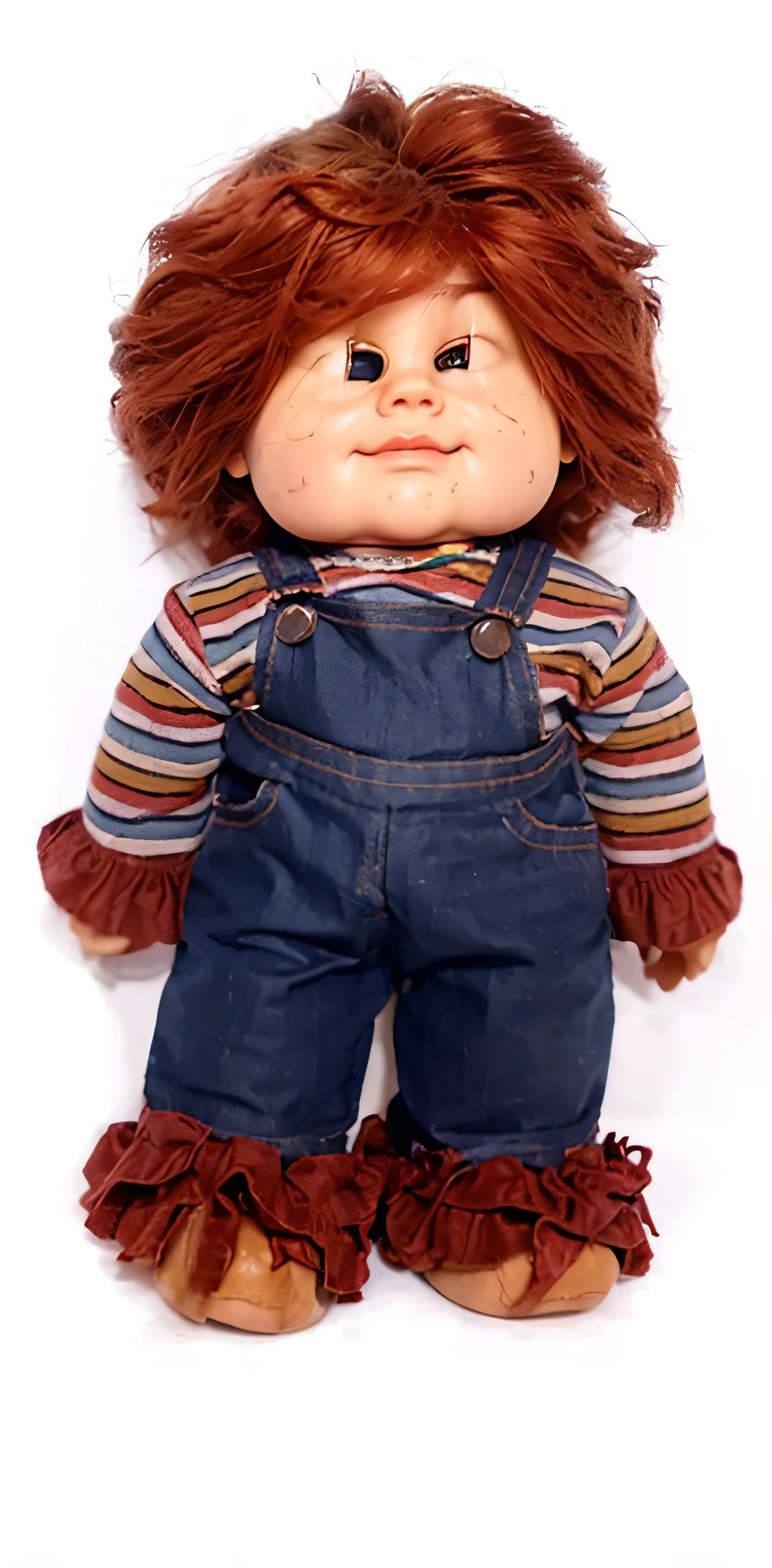 (best quality, 300 dpi, very high resolution: 1.2), ultra-detailed, realistic, cutest doll, doll inspired by the Chucky doll, beautiful detailed green eyes, detailed brown hair, realistic, piercing green eyes, vibrant green eyes, expressive eyes , brown curly hair, beautiful curls, innocent face and eyes, cute dimples, pale skin with a rosy glow, freckles on the cheeks, Pink lips with a slight smile, Expressive eyebrows, delicate eyelashes, strands of hair with fine texture, meticulously crafted facial features , hand-painted porcelain skin, polished freckles, subtle shading for a realistic appearance, high-quality resin body material, meticulous attention to every little detail, realistic skin texture and color, meticulously sculpted hands and feet, fine articulation for realistic poses, Adorable doll Plus size outfit with outfits inspired by the Chucky doll, miniature shoes with intricate details, realistic fabric folds and patterns, faux leather clothing with realistic texture and finish, intricate toy stitching and buttons, Meticulously designed patterns and designs painted on joiner's clothing vibrant stripes, colors and clothing patterns to match the doll's Chucky's style, doll with movable limbs and joints for versatile posing options, Doll-sized replica of Chucky's Signature knife, terrifyingly adorable mix of cute and scary, Ray-Ban sunglasses for a touch of style, Expressive facial expressions that capture the Chucky doll's antics, fun and scary, Highly detailed features and craftsmanship, perfect collection for horror movie fans, artistic interpretation of the Chucky doll concept, meticulously designed and handcrafted masterpiece in the world of dolls.