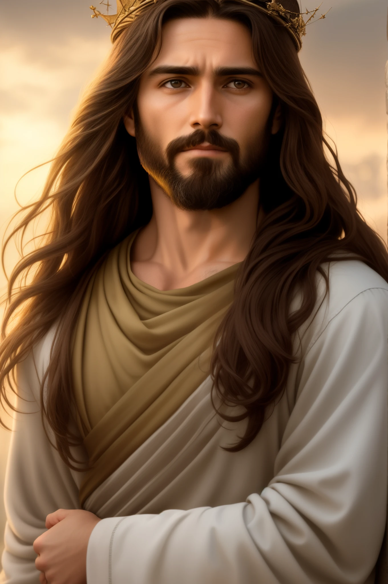 "Please create a realistic portrait of Jesus, representing him as a simple and humble man. Highlight the calm and compassionate expression on your face, with serene eyes and a soft smile. Be sure to faithfully portray Jesus' signature facial features, such as his beard and long hair. Add a crown of thorns on your head, emphasizing the painful aspect, but without exaggerating the violence. Use soft lighting to emphasize the aura of kindness and peace around it. The main focus should be to convey the message of love and compassion that Jesus represents. Please avoid any offensive or disrespectful depictions. The goal is to create a reverent and inspiring image that captures the essence of Jesus as a simple man and the Savior of mankind."