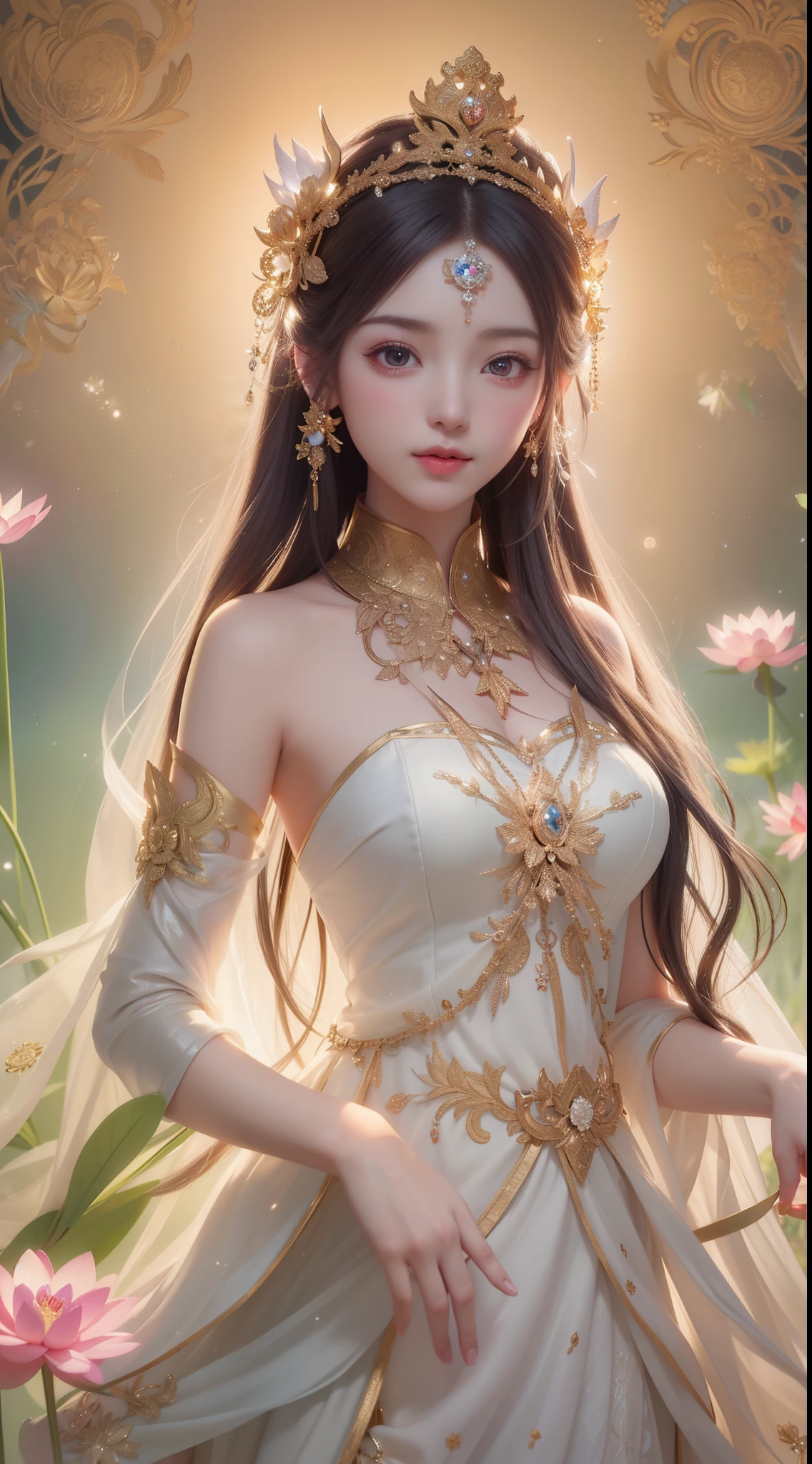 Arahed image of a woman in a white dress with a crown and lotus flowers, gilded lotus princess, ross tran 8 k, standing gracefully upon a lotus, a beautiful fantasy empress, alphonse mucha and rossdraws, by Li Song, by Yang J, a stunning portrait of a goddess, goddess portrait, ethereal beauty, Goddess. extremely high detail