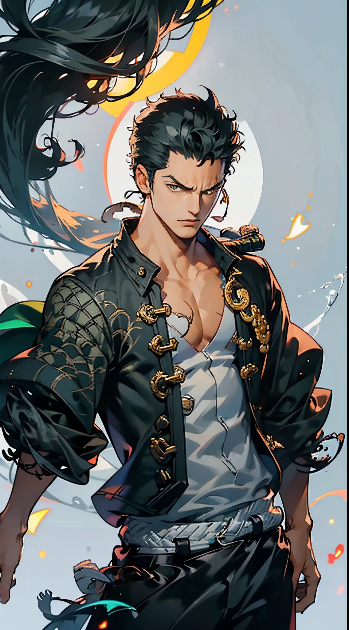 a cartoon of a man with a black hair (0.6384862065315247%) a cartoon of a man with a large spiked hair (0.6487366557121277%) a logo with a white and orange circle (0.6344534158706665%) a cartoon of a man with a large haircut (0.6193259954452515%) a yellow and black background (0.5952900648117065%) a cartoon of a man with a black hair and earring (0.6229298114776611%) a man with a cross on his chest (0.725520133972168%) a black fabric with yellow and white paint (0.6038908362388611%) a close up of a man's chest (0.7744529843330383%) a cartoon man with three sword like roronoa zoro from One piece