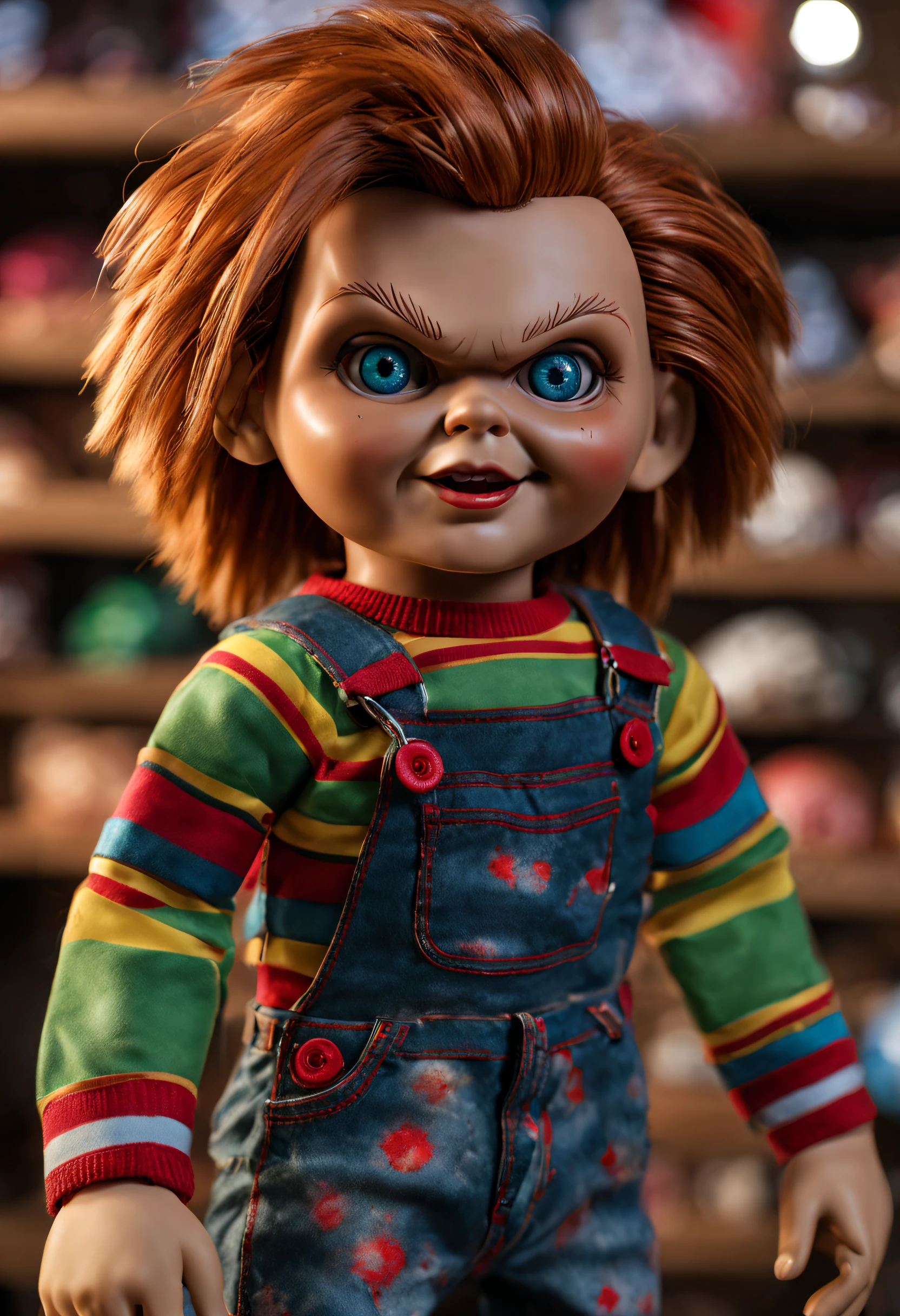 chucky doll,horror,scary toys,creepy doll,possessed doll,sinister,dark fantasy,unsettling atmosphere,haunting presence,dramatic lighting,grungy texture,detailed facial features,detailed hands and body,unsettling gaze,malicious expression,creepy smile,dark shadows,moody color palette,deep blacks and reds,high contrast,cinematic composition,striking poses,ominous background,dilapidated environment,haunted toy store,sense of foreboding,best quality,8k,highres,masterpiece,photorealistic,ultra-detailed,physically-based rendering,vivid colors