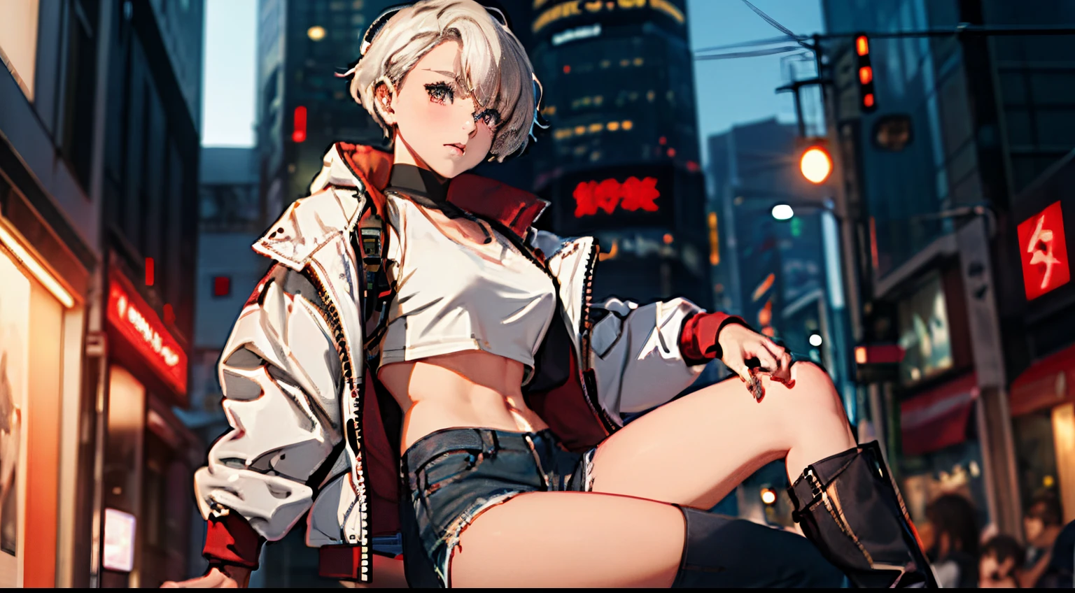 25 years old woman, white short hair, big eyelushes, red eyes, sensual look, white crop top, (padded jacket), (bare belly), ripped jeans, leather boots, (sunset) shibuya, anamorphic lights, award winning, masterpiece.