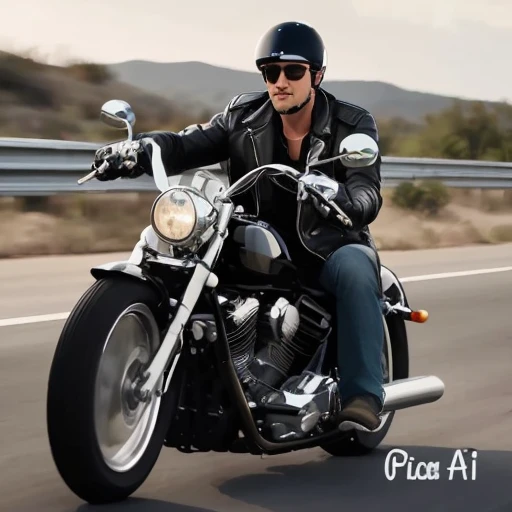 There's a man riding a motorcycle on the road, imagem de um motociclista masculino, pilotando uma motocicleta, motociclista, motociclista, sentado em uma motocicleta, vestido em couro motociclista, motocicleta, Motocicletas, anda de bicicleta, Andar na estrada, andar de moto, pilotando uma motocicleta futurista, pilotando motocicleta steampunk, Silvestre Stallone, inspirado em Phil Foglio