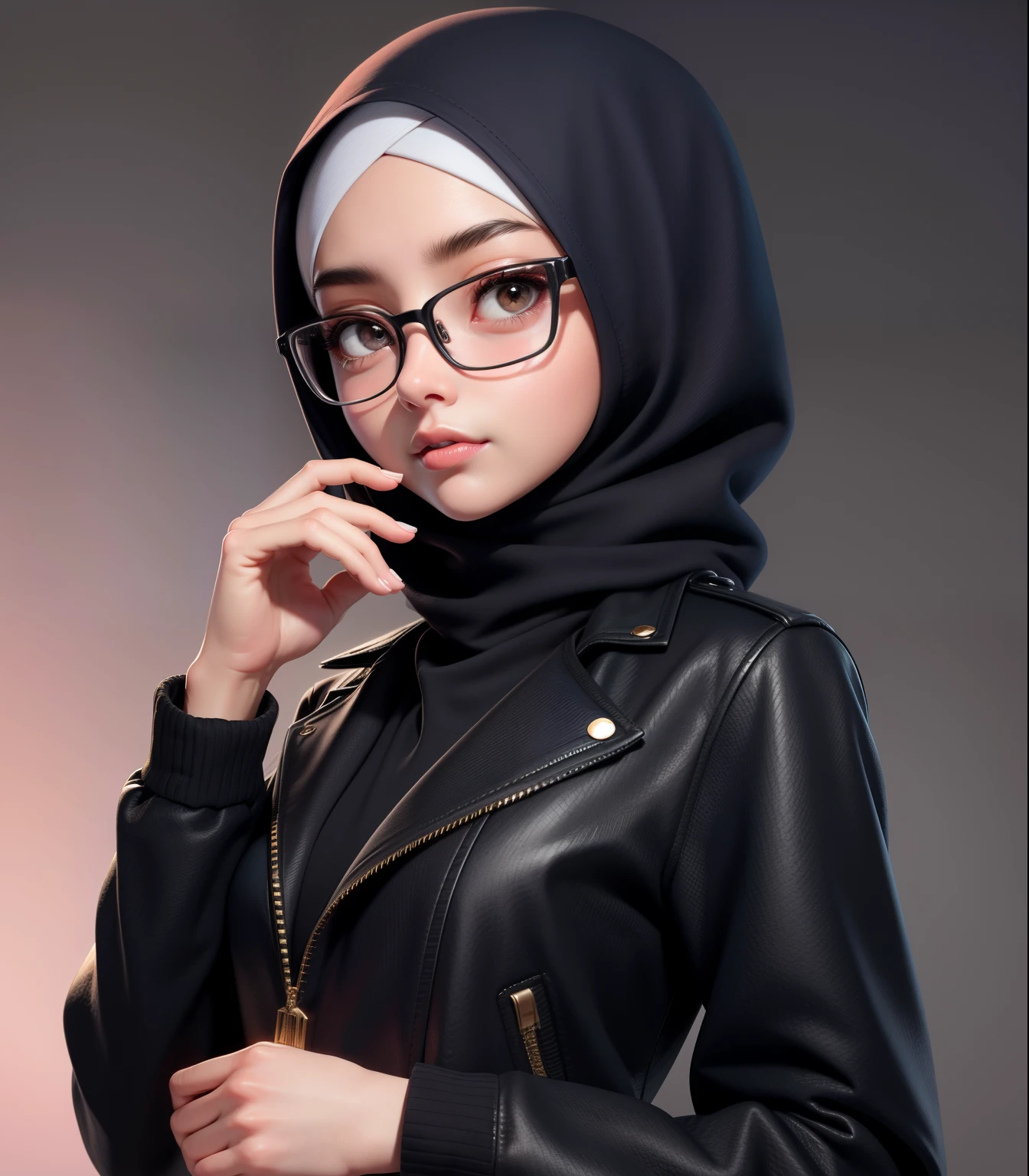 （tmasterpiece），（best qualtiy：1.0），（超高分辨率：1.0），A detailed illustration，8K，There is a woman hijab in glasses and a black jacket looking at the camera, Very detailed anime style，the soft light。Q version, Q version, Q version