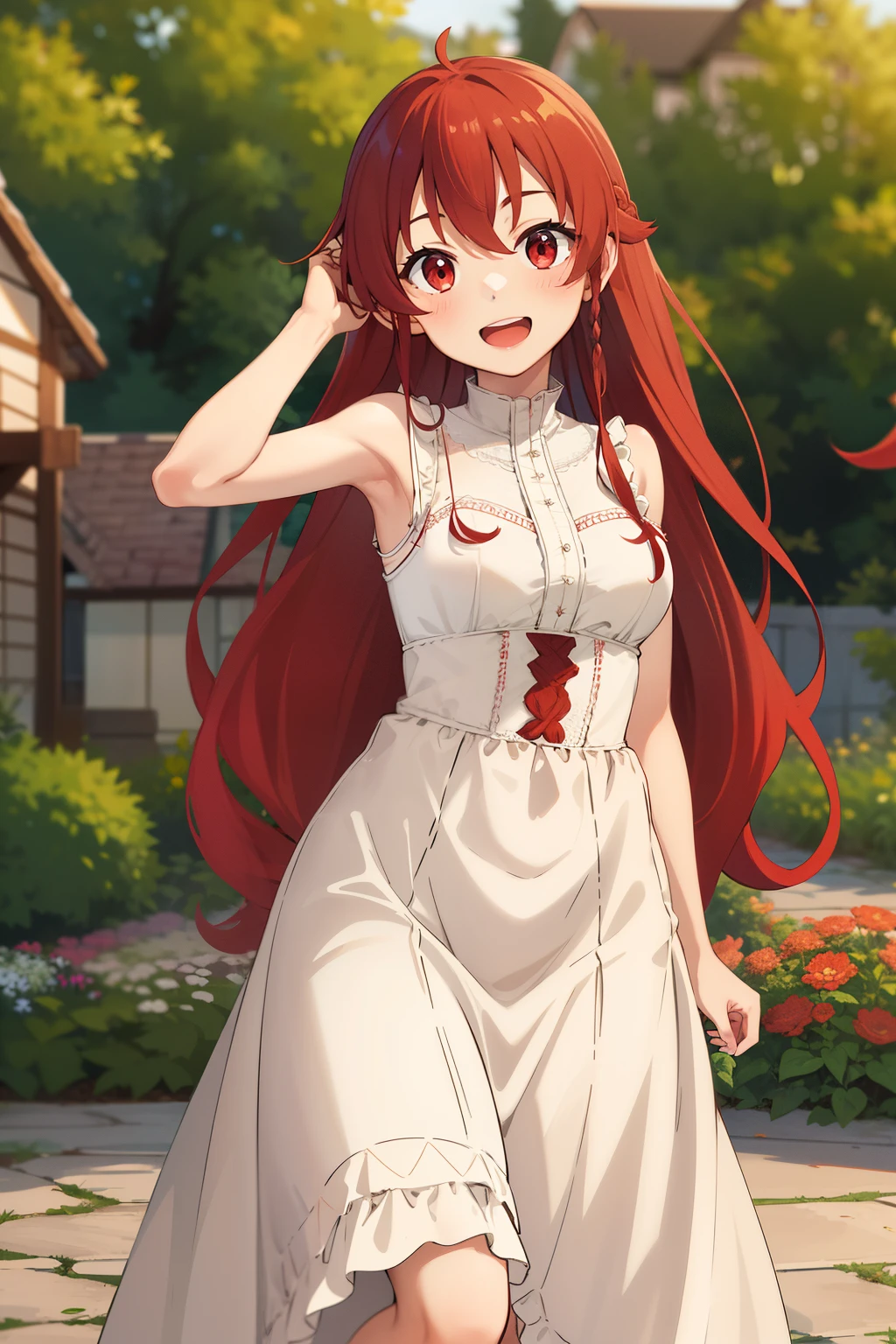 masterpiece, best quality, highres, aarurutie,1girl, wedding dress, white dress, standing, garden, smile, open mouth, long braid red hair, red eyes